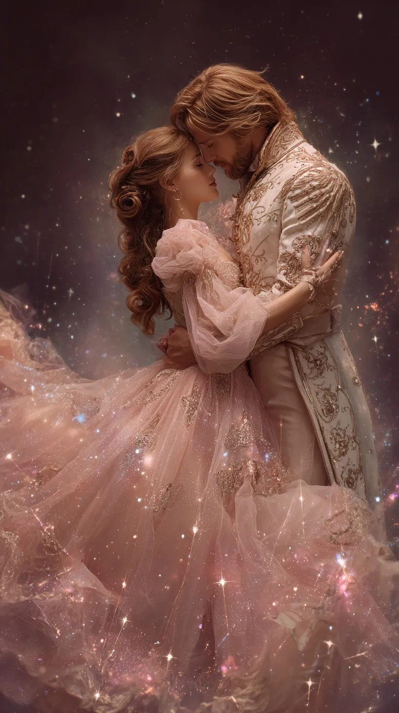 A romantic couple dancing under a starry sky; a princess in a pink dress and a prince in an embrace.