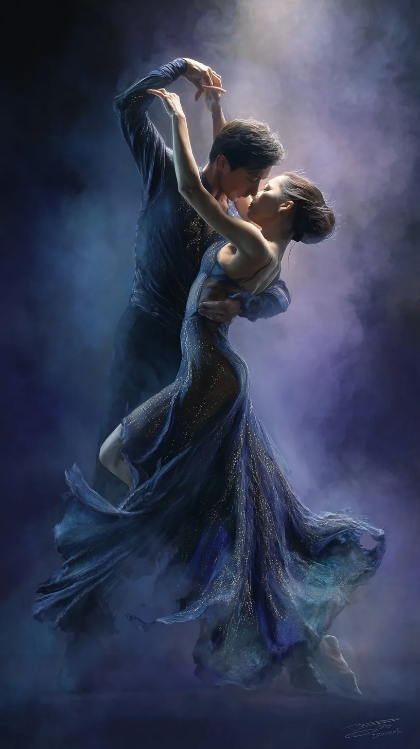 A romantic couple dancing in mystical mist, wearing gold and blue shimmering fabric in a dynamic cinematic pose.