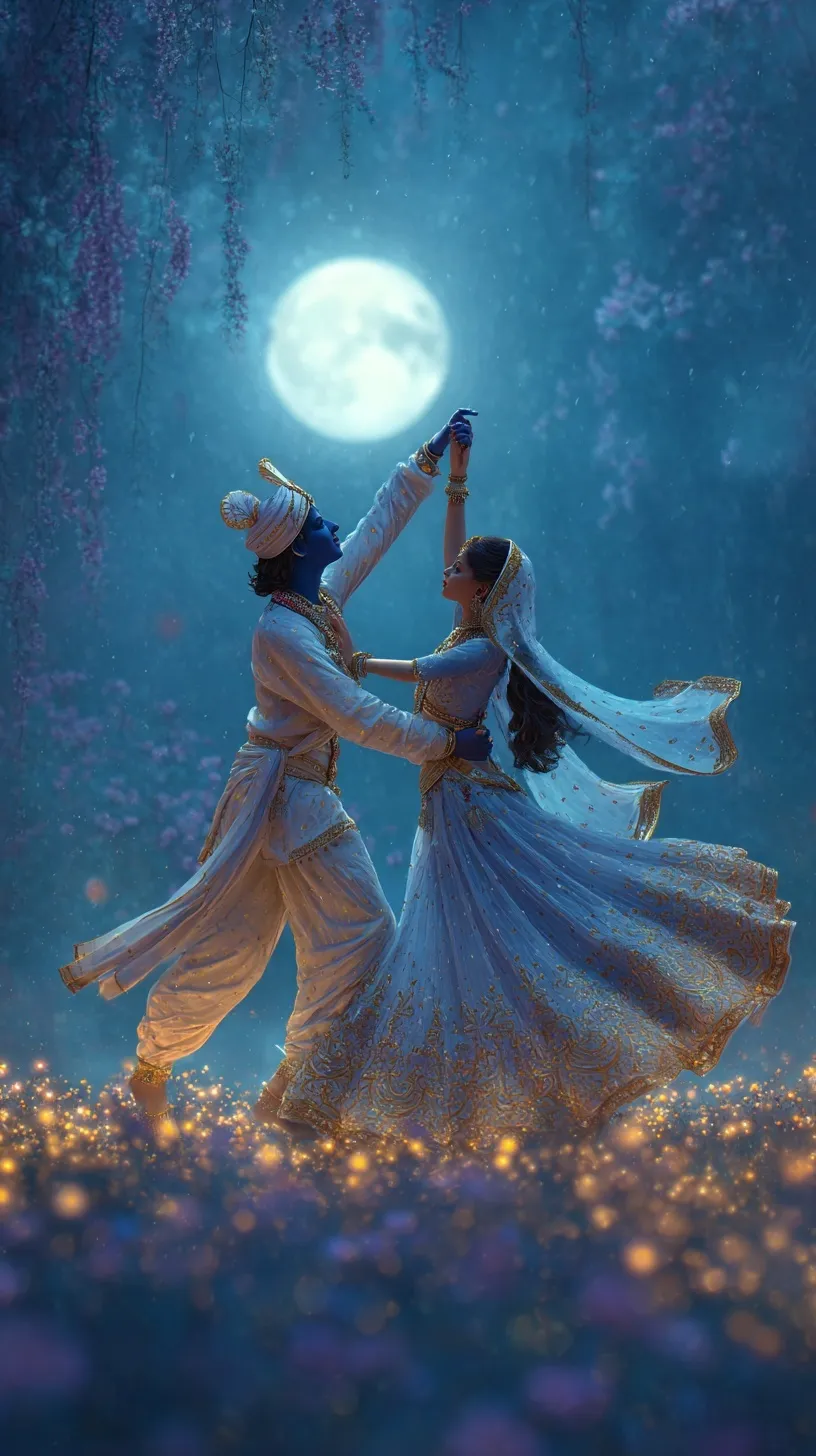 Silhouette of Lord Krishna and Radha dancing under a full moon, cinematic Rajasthani style, mobile wallpaper.