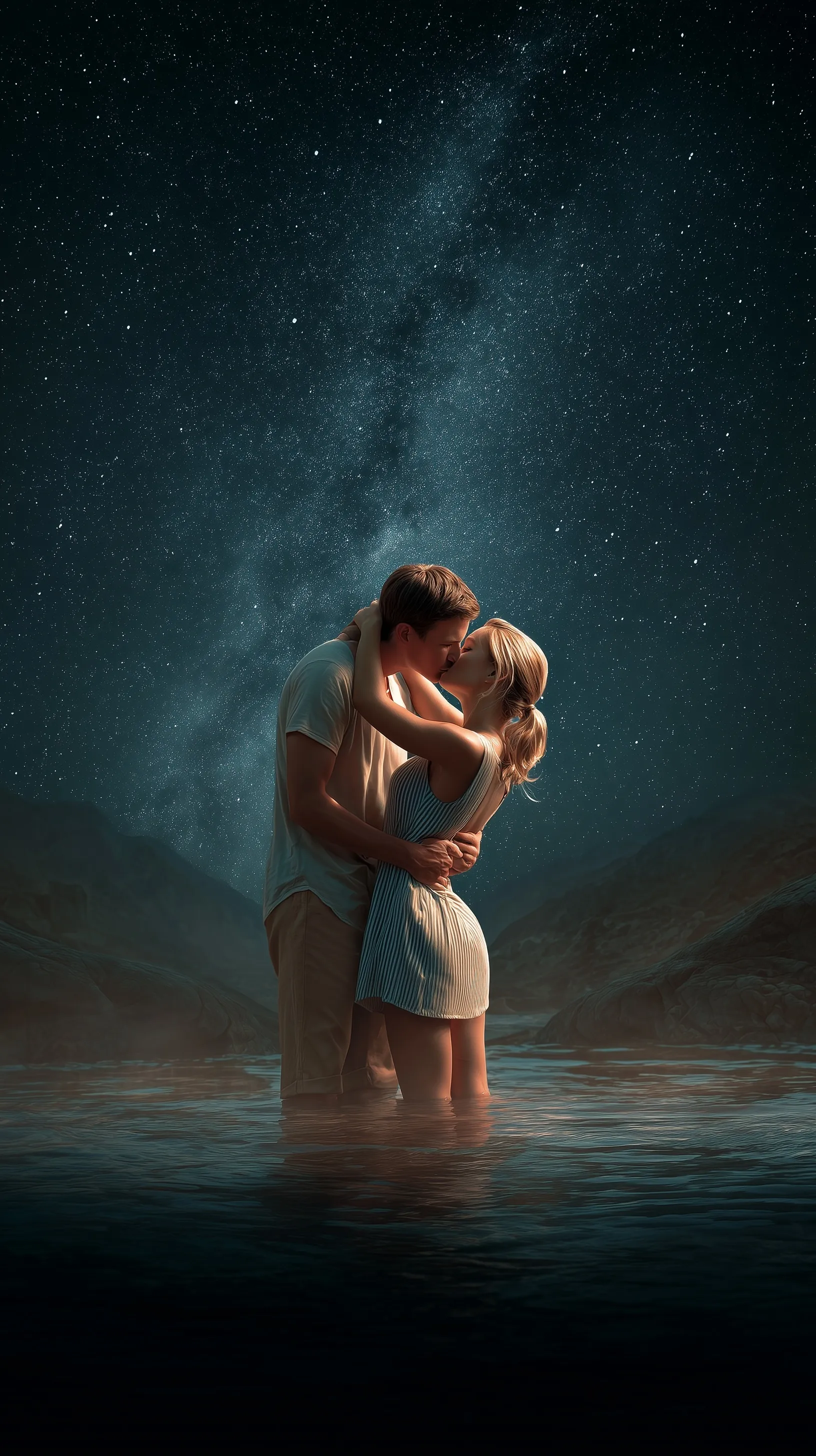 A romantic young couple kissing in a glowing river under a starry night sky, cinematic mobile wallpaper.