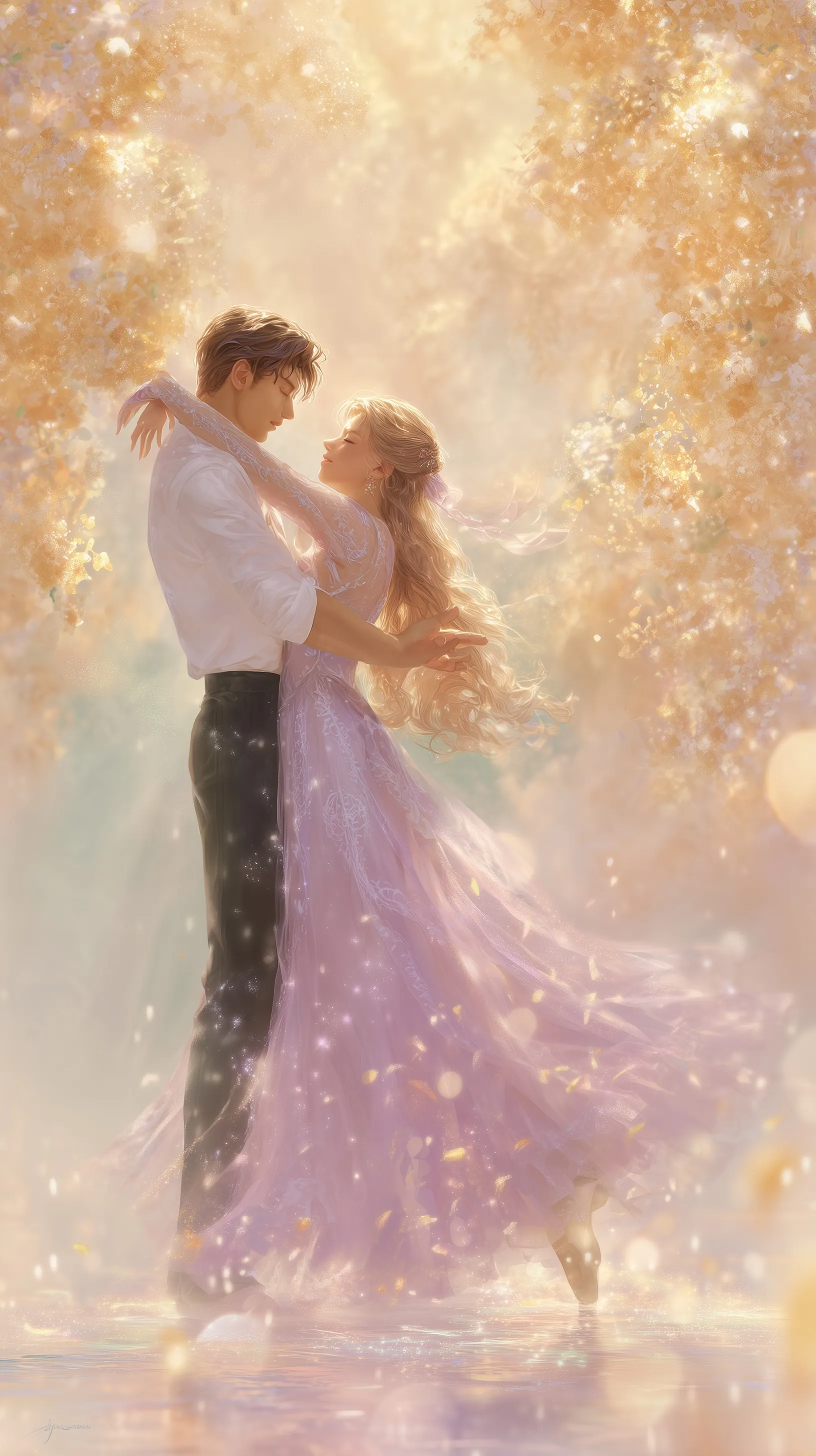 A couple dancing amidst falling golden osmanthus petals in a dreamy, sun-drenched fantasy garden.