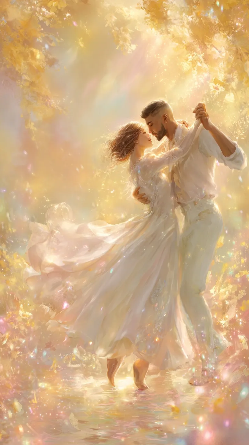 Romantic couple dancing amidst golden osmanthus flowers with magical falling petals in a dreamy, sunlit landscape.