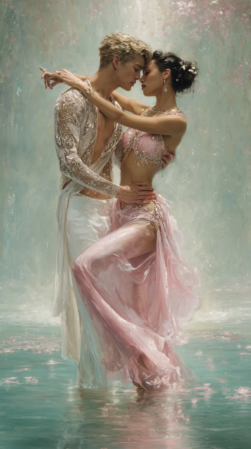 A hyper-realistic, ethereal couple dancing, perfect for Samsung Galaxy S26 Ultra mobile wallpaper.