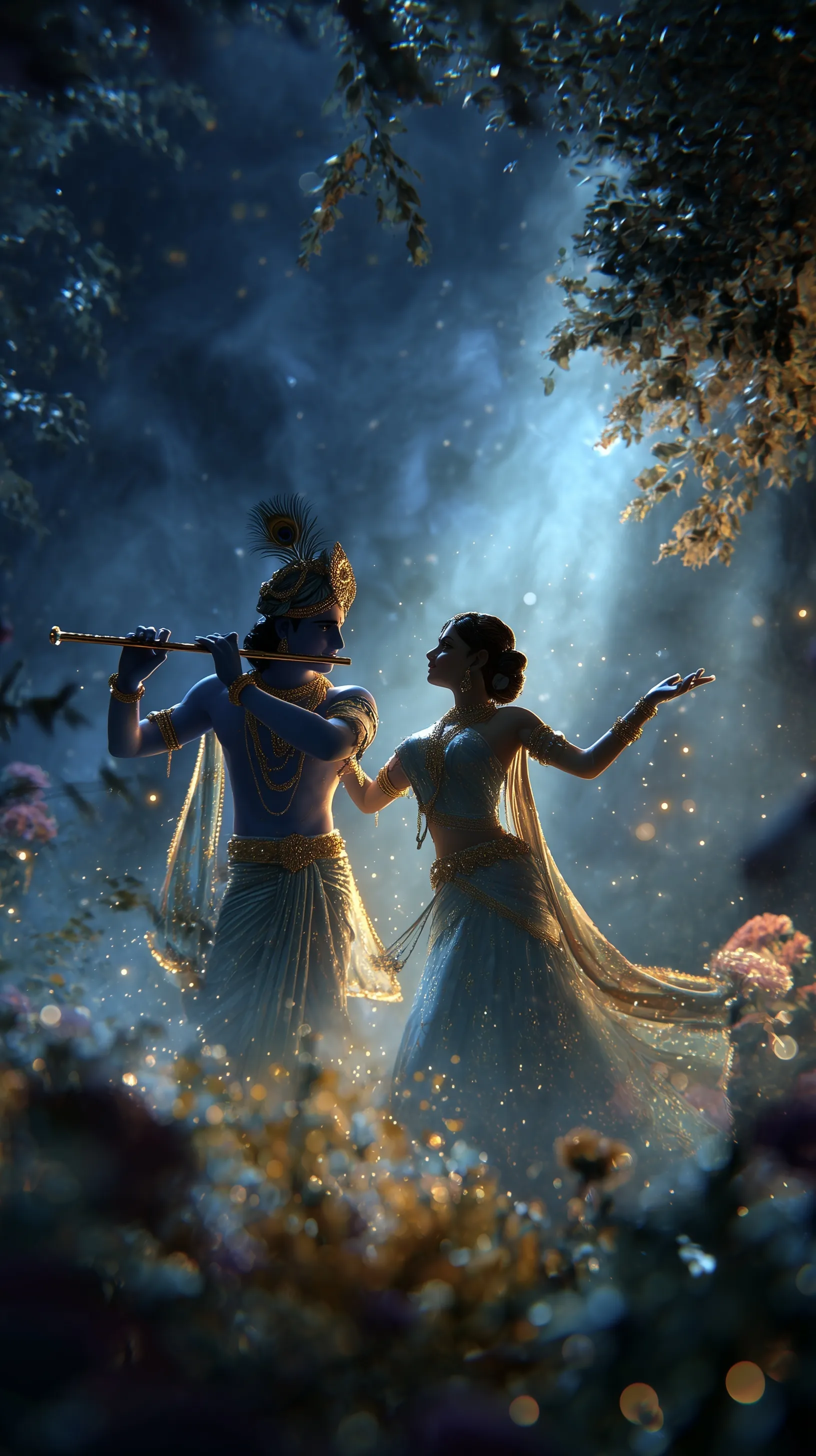 Radha and Krishna performing divine Rasleela in a mystical forest, cinematic moonlight silhouette, ethereal glow.
