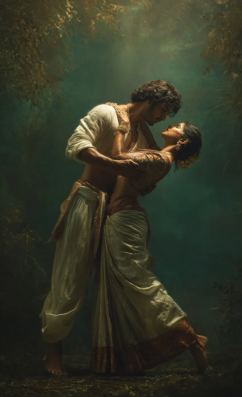 A romantic couple dancing in a forest, cinematic shot of a man in white and an Indian woman in a saree.