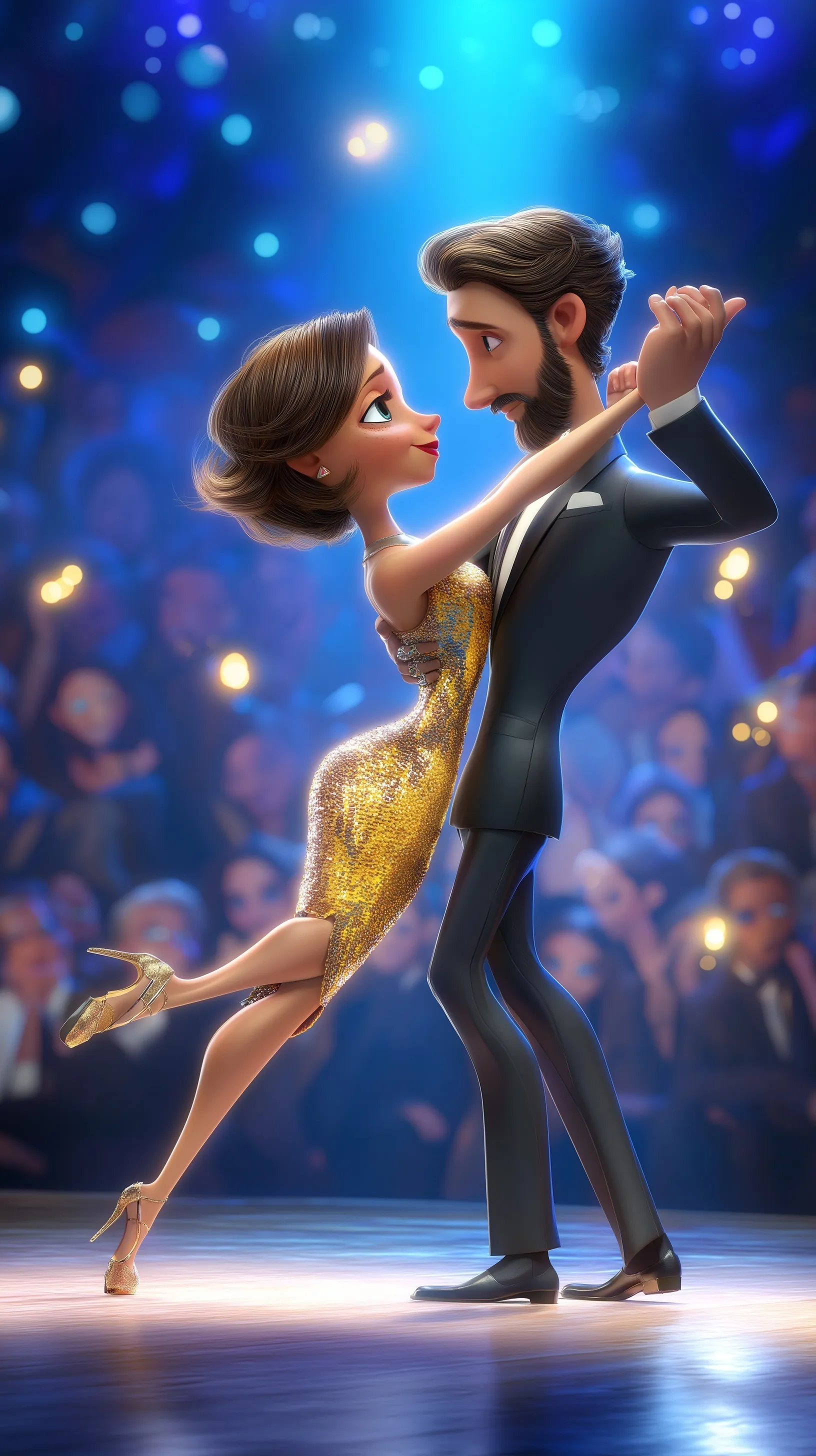 A Disney Pixar-style couple dancing tango in golden attire on a gala stage, vibrant 3D cinematic animation.
