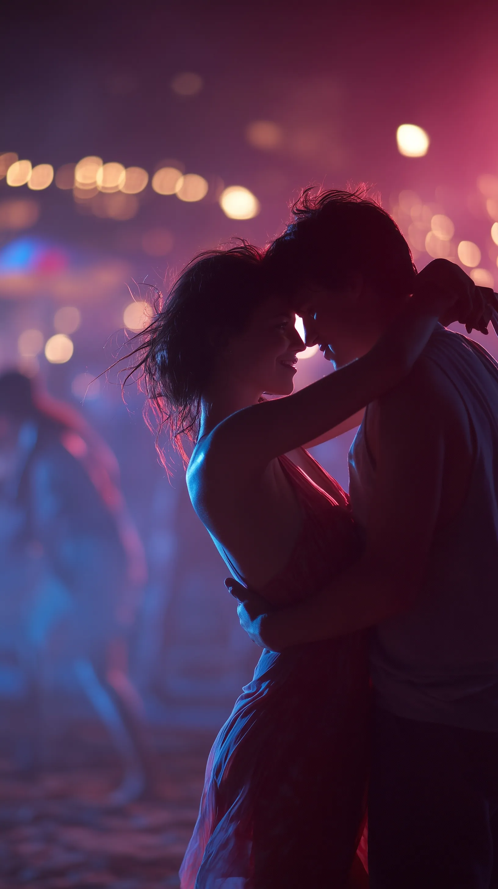 A romantic couple dancing closely on a moonlit beach at night, captured in a high-definition close-up shot.