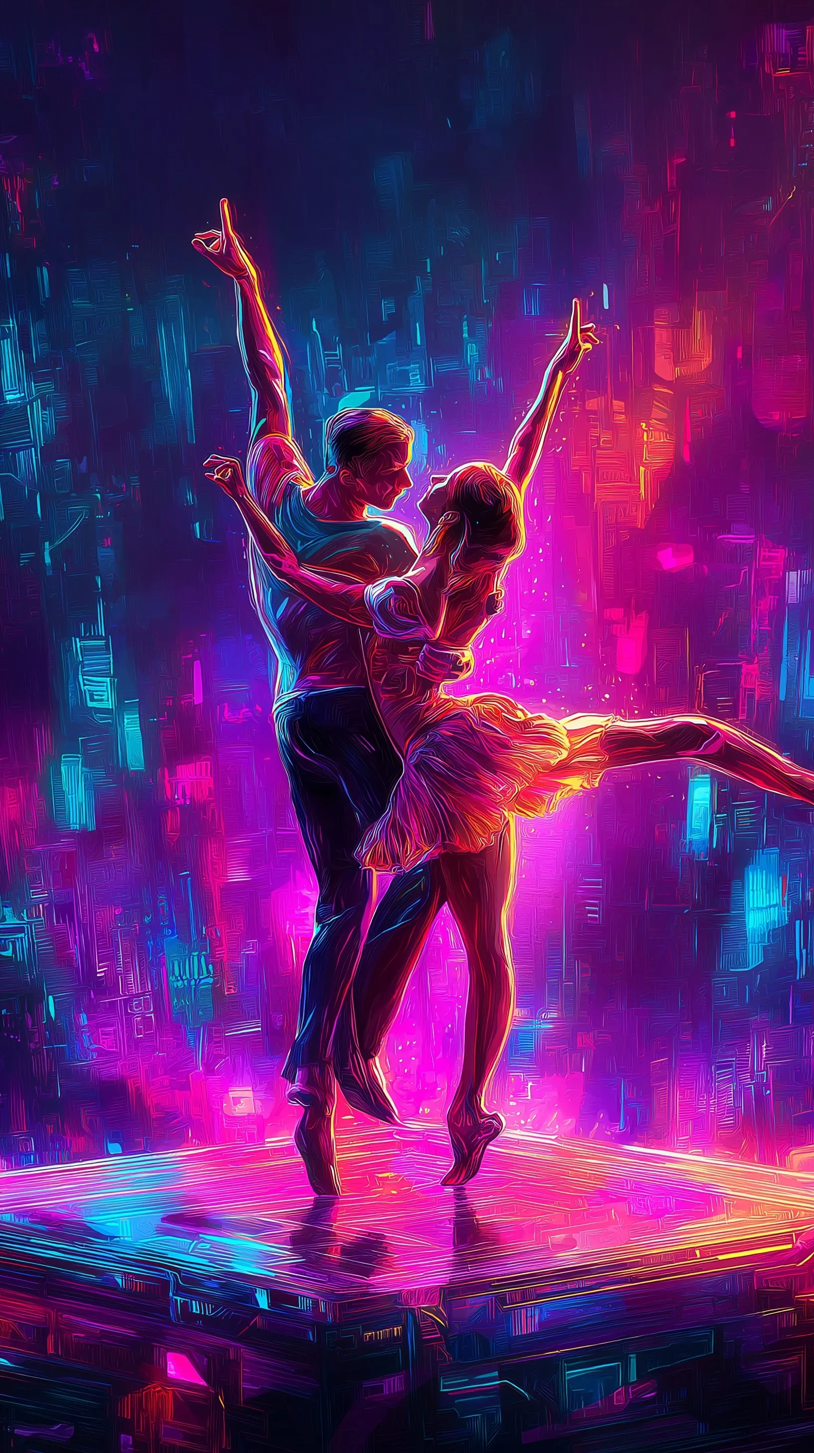 A couple in a dramatic ballroom dance pose on a futuristic cybernetic pedestal with glowing neon cyan lights.