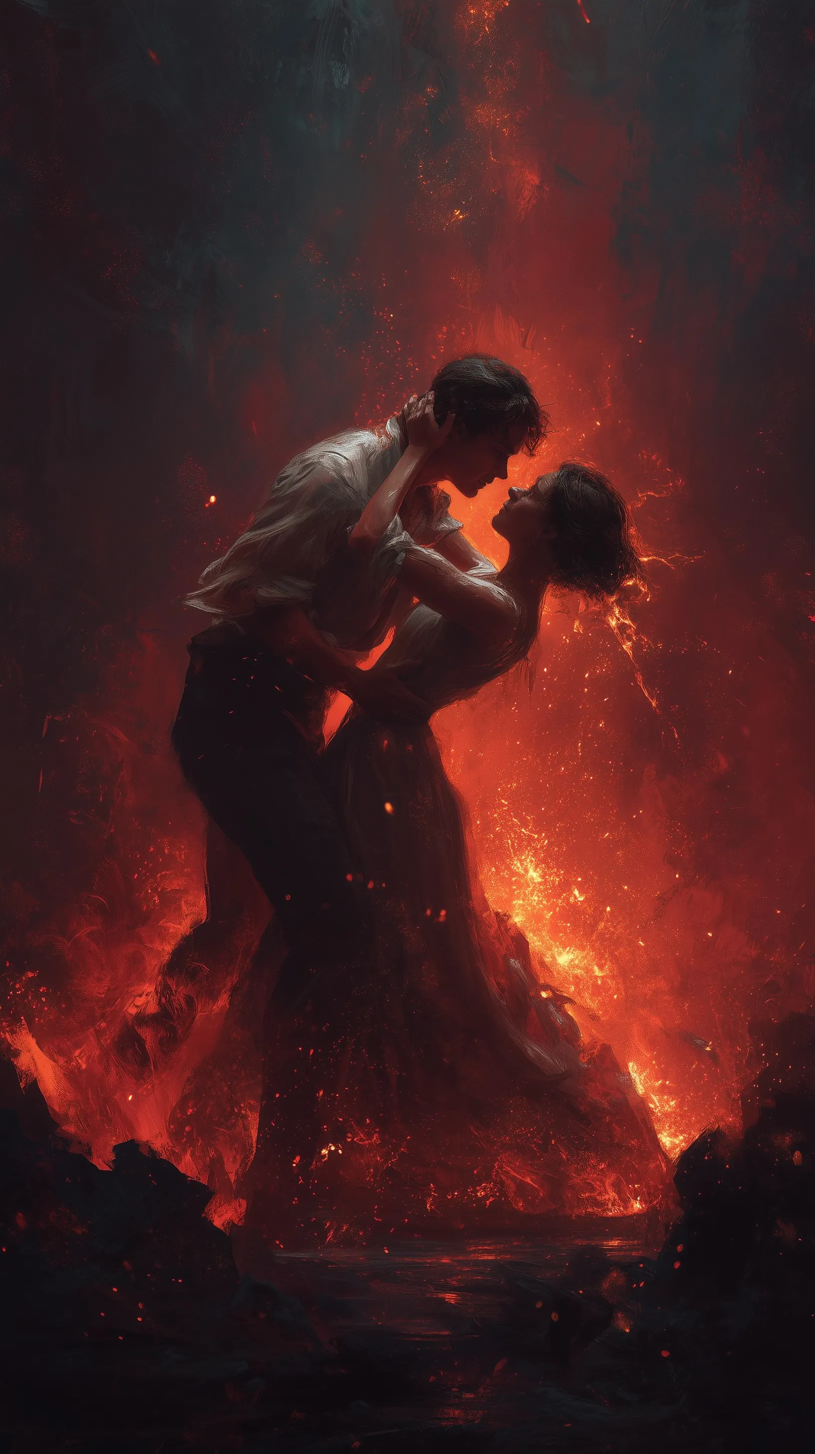 A romantic couple dancing together in a stylized hell setting, artistic mobile wallpaper for Samsung Galaxy S26.