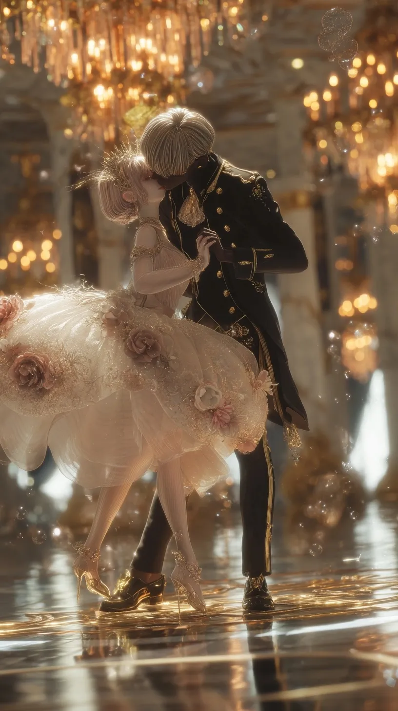 Labubu couple dancing a romantic waltz in a grand candlelit ballroom, high-end fantasy character design.