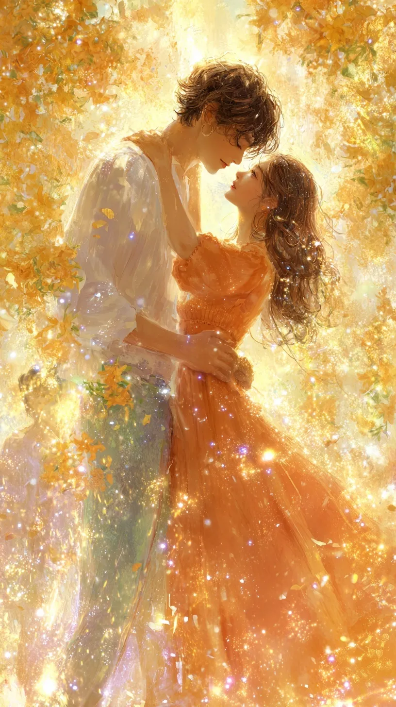 A romantic couple dancing amidst falling golden osmanthus petals in a dreamy, warm-toned ethereal landscape.