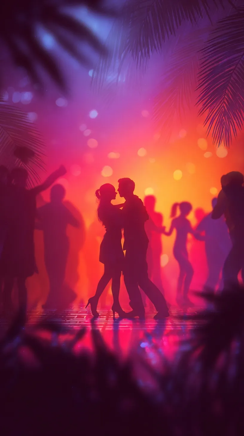 Silhouettes of a couple dancing salsa on a vibrant, neon-lit tropical dance floor at night.
