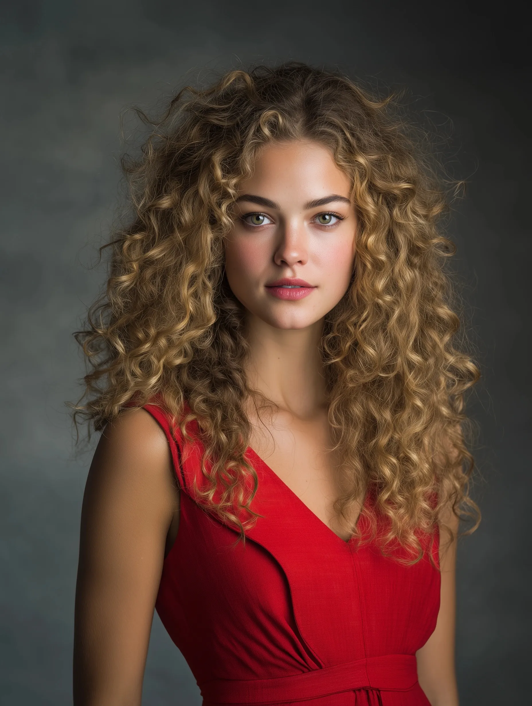 A young woman with curly ombre hair wearing a red dress posing against a gray studio background.