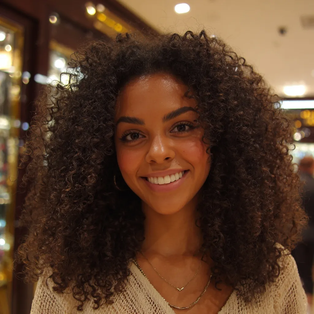 A smiling Latin woman with long, voluminous curly ombre hair posing in a luxury boutique.