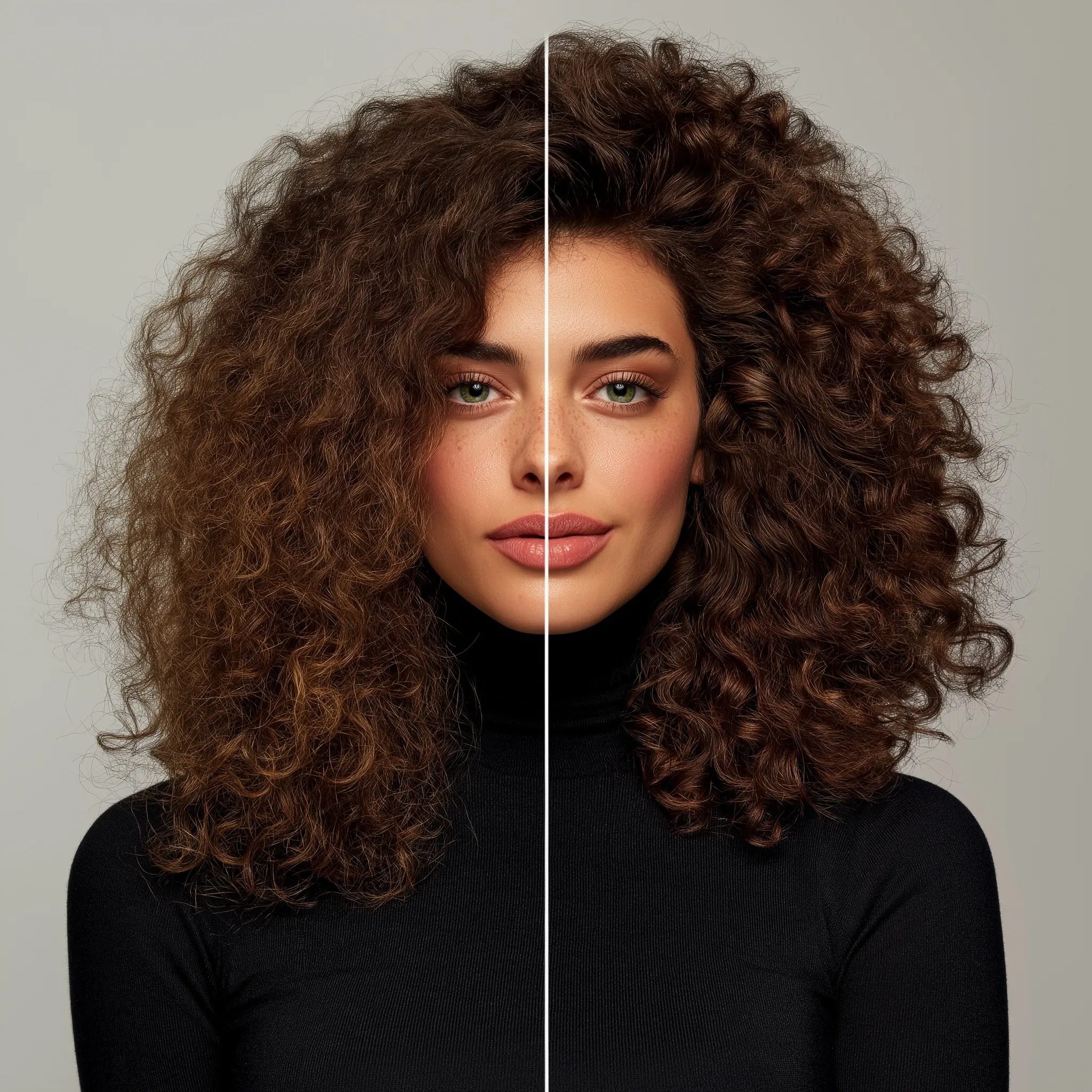 Before and after transformation of curly hair showing frizzy hair versus defined, moisturized, and shiny curls.