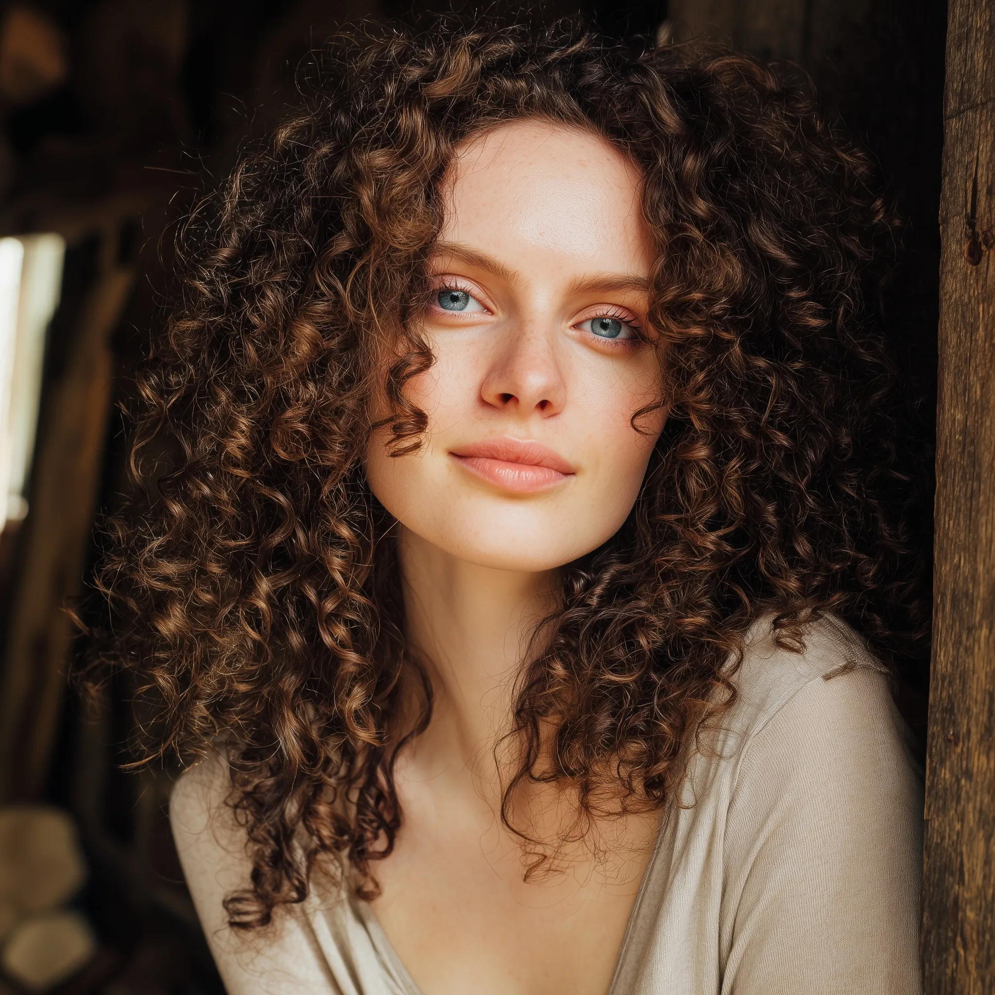 Close-up of a young woman with voluminous curly ombre hair and intense blue eyes against a rustic wooden background.