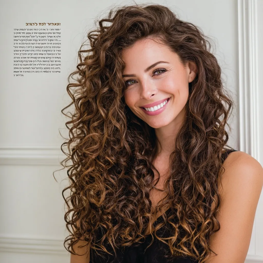 Portrait of a stunning Israeli woman in her 30s with long, voluminous, defined curly ombre hair against a white wall.