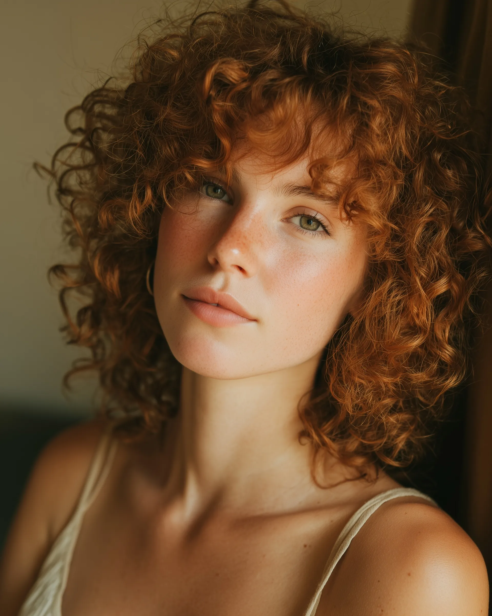 A young woman with voluminous curly ombre hair and green eyes looks over her shoulder in a soft, dreamy portrait.