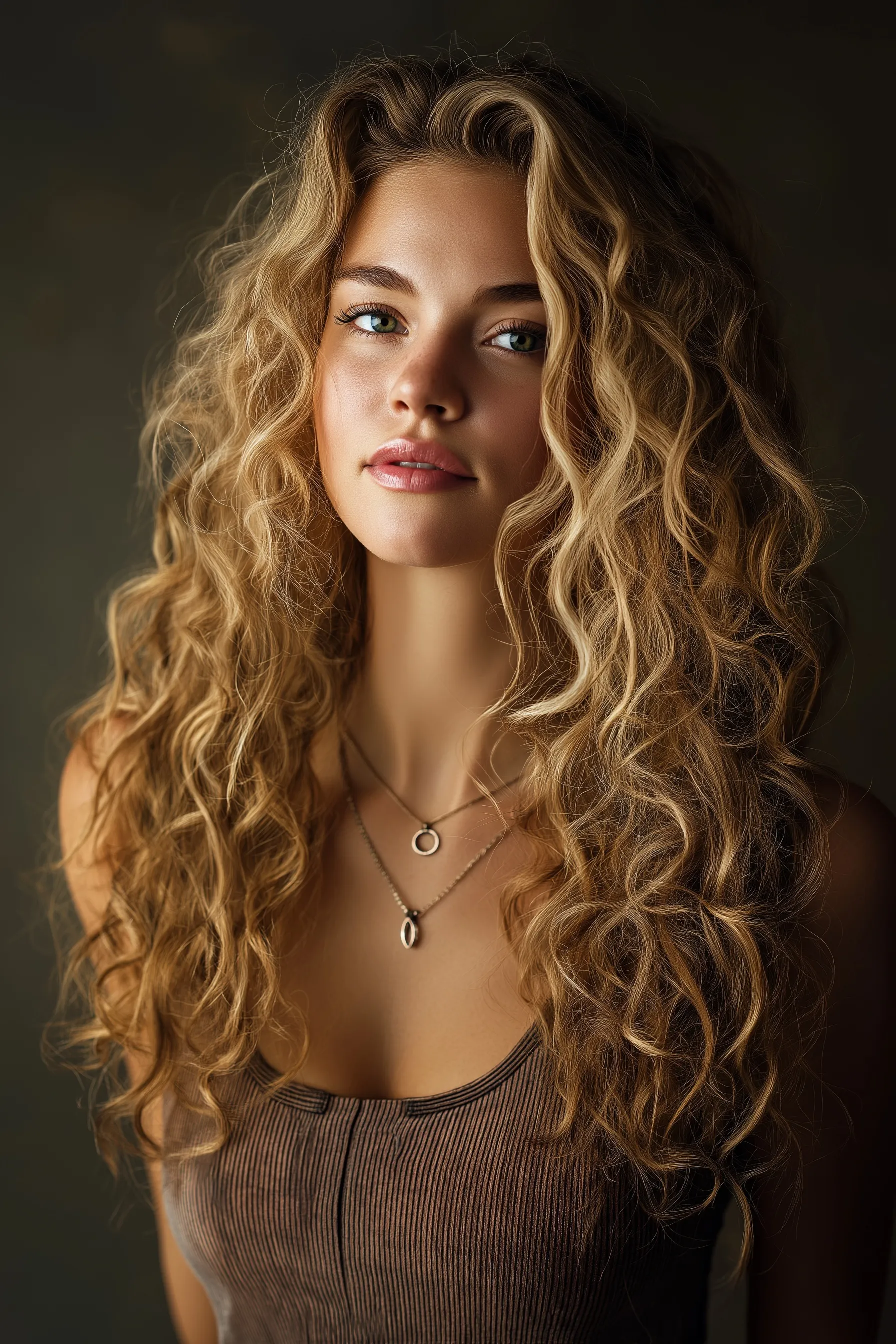A beautiful woman with long, curly blonde ombre hair and striking heterochromatic eyes in a studio portrait.