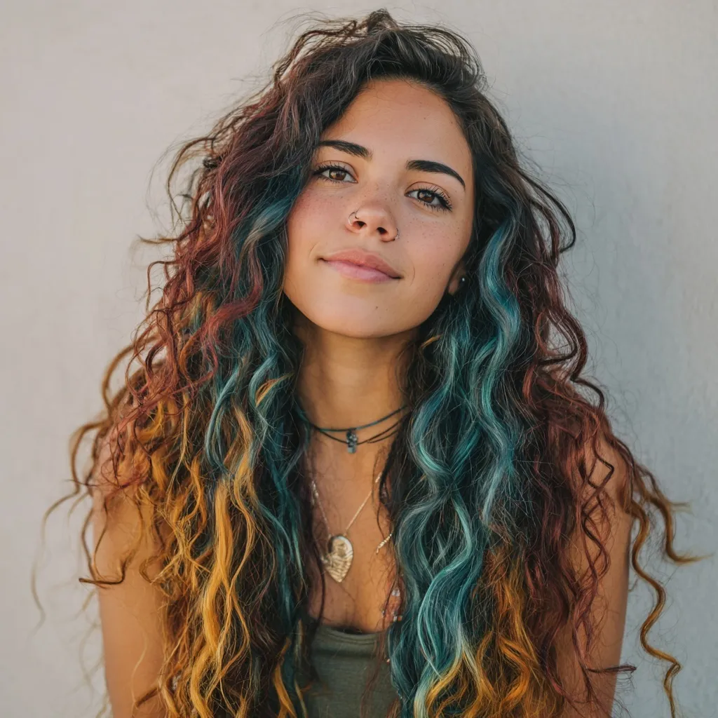 A young woman with long, voluminous curly hair featuring a stylish ombre color transition.