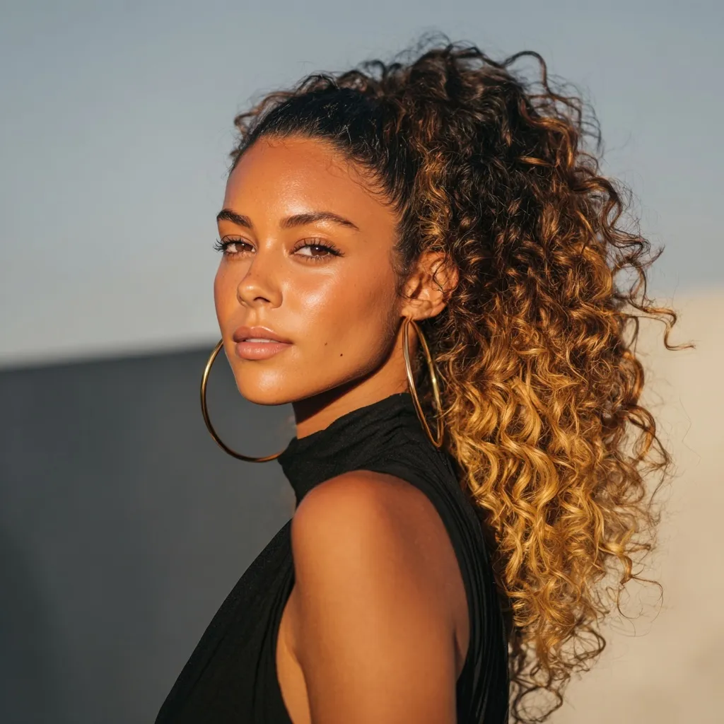 A stylish woman with voluminous black-to-gold ombre curly hair in a mid-ponytail against a minimalist background.