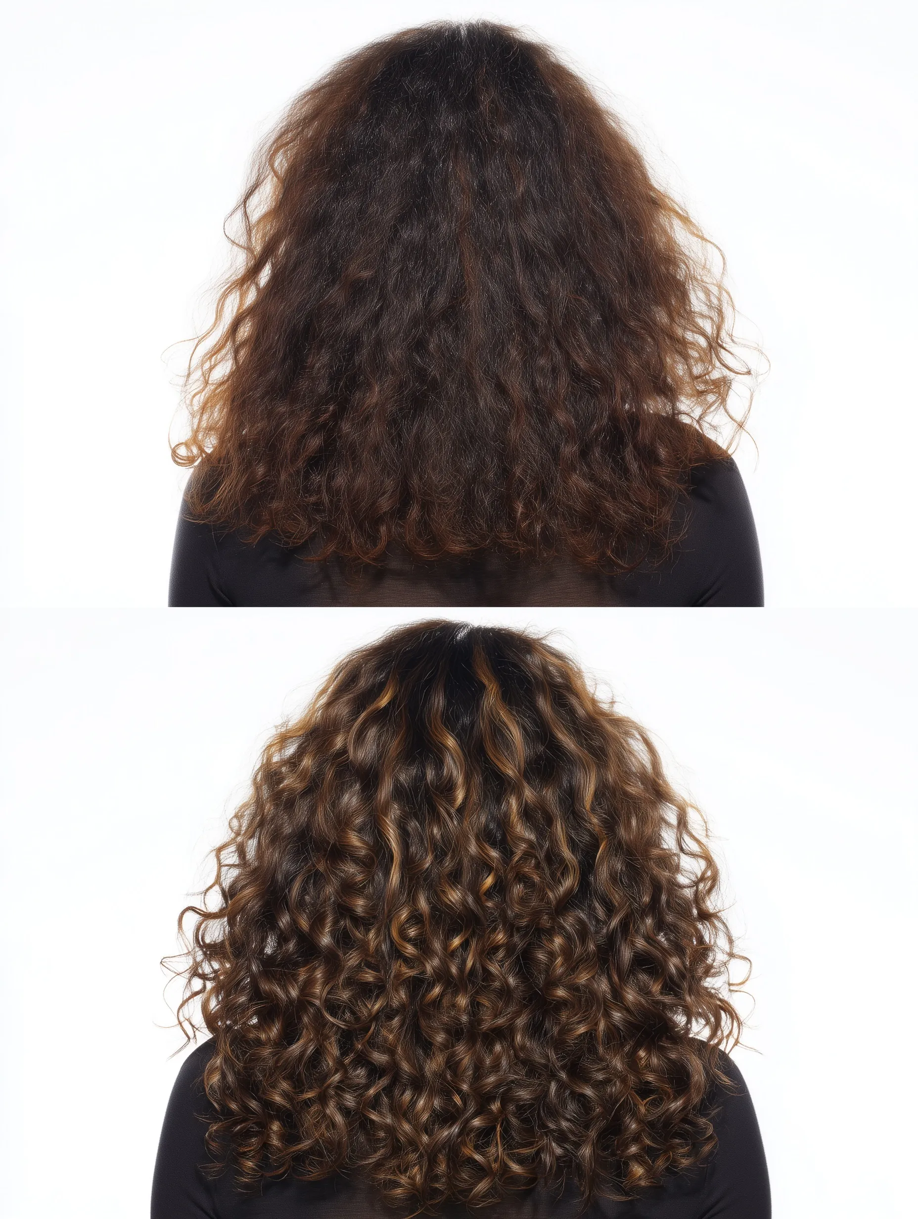 Before and after transformation of frizzy hair to healthy, defined curly ombre hair on a white background.