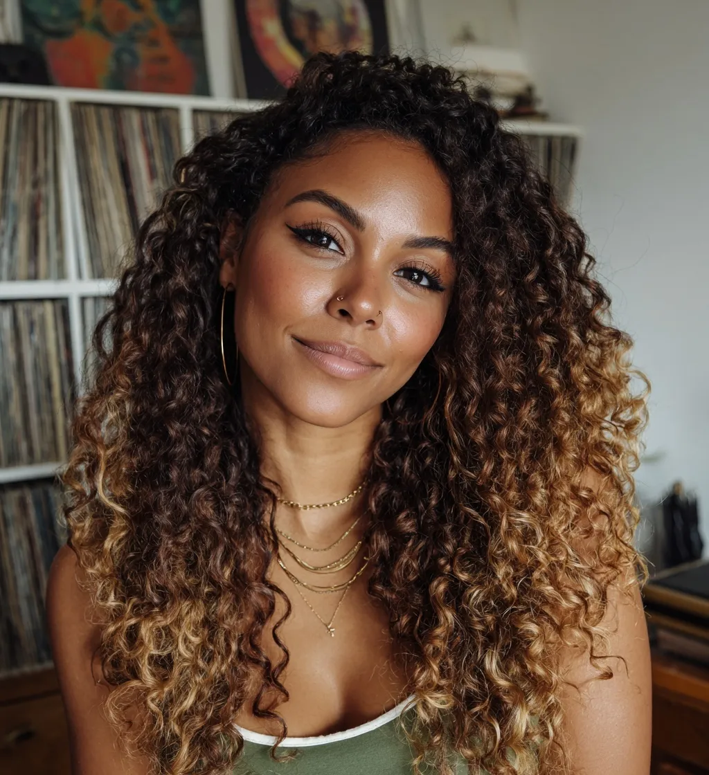 African American woman with long curly ombre hair and confident smile posing in a record-filled living room.