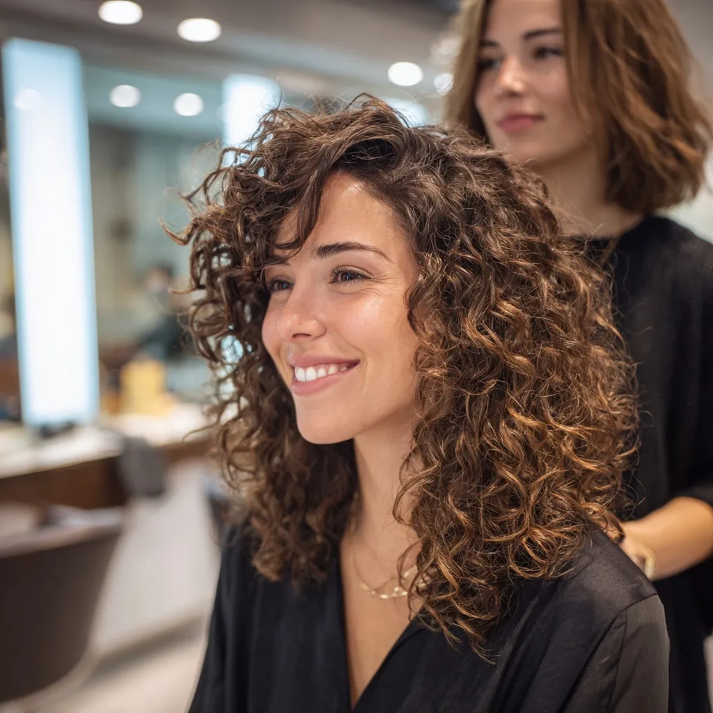 A 25-year-old Italian woman with voluminous curly ombre hair smiling in a bright, modern hair salon.