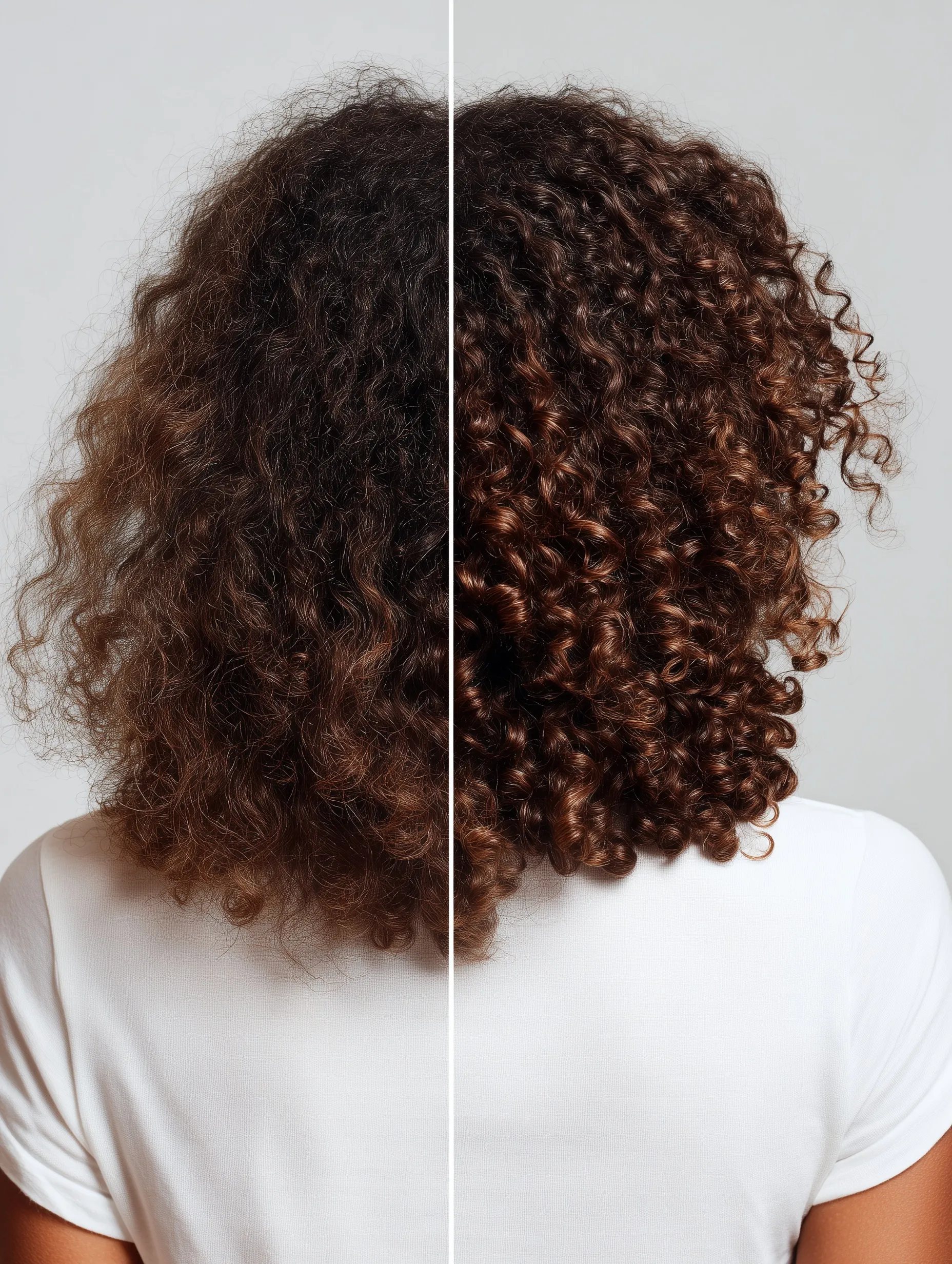 Back view of Black woman showing hair transformation with dry, frizzy curls vs. healthy, moisturized defined coils.