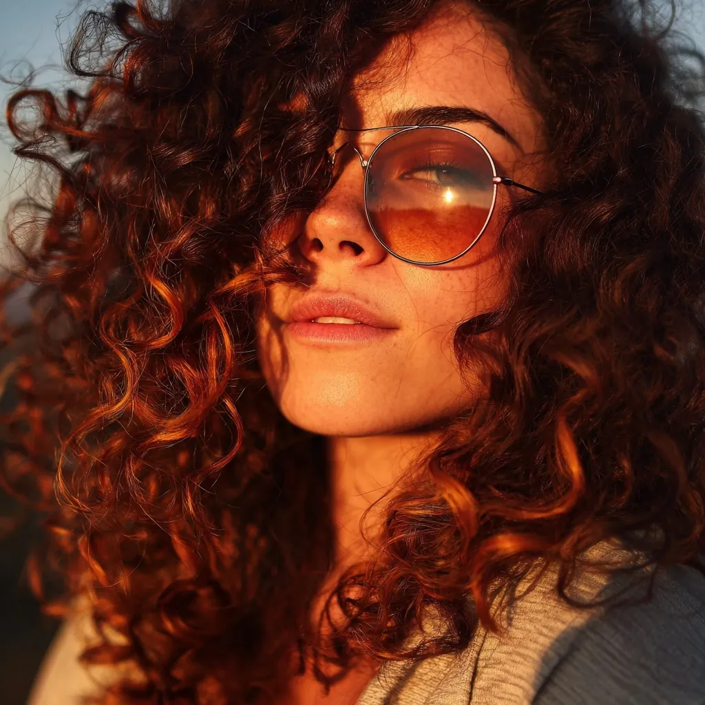 A girl with curly ombre hair featuring warm gold and red highlights glowing in the sunlight.