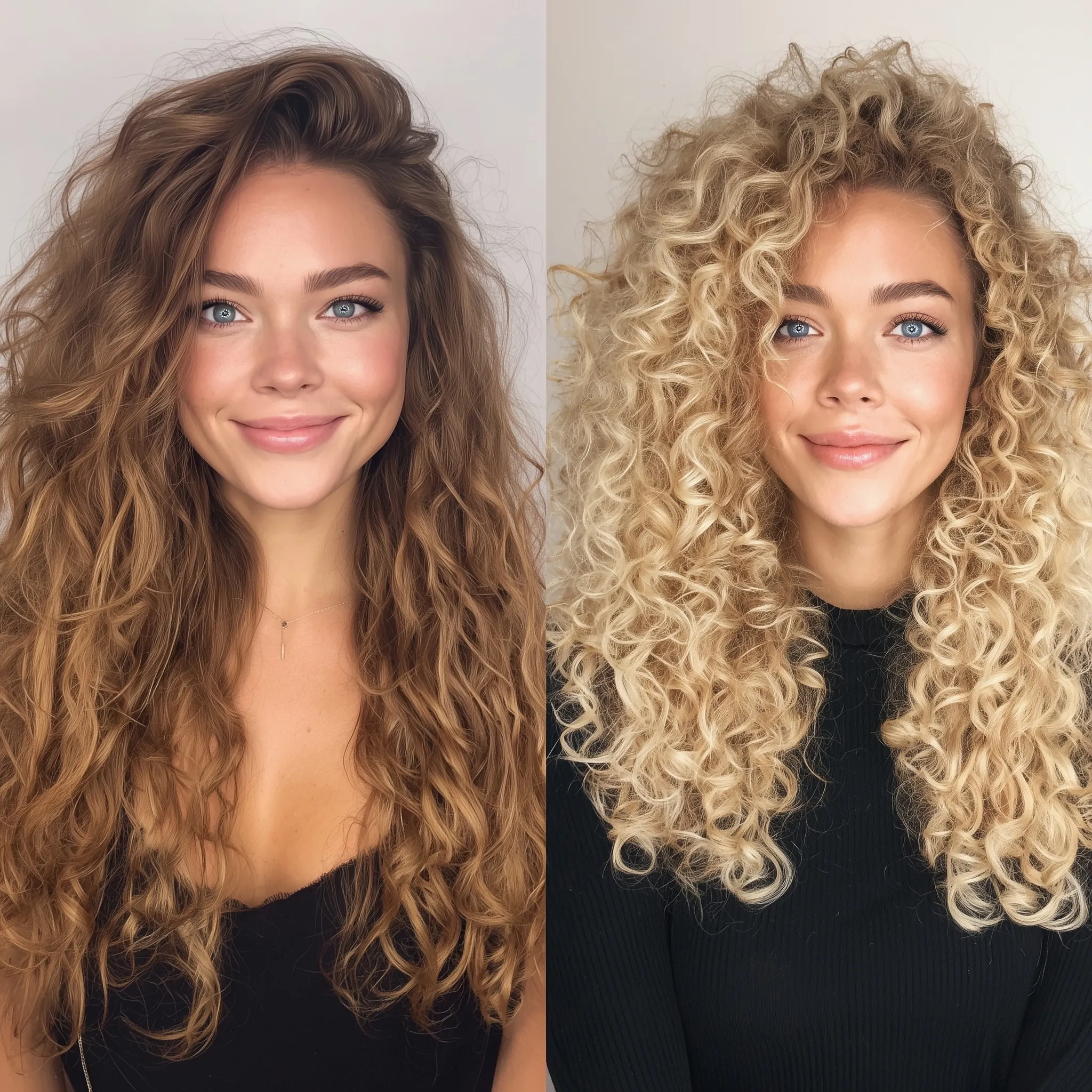 European-American model with 18-inch voluminous curly ombre hair transitioning from dark brown to blonde.