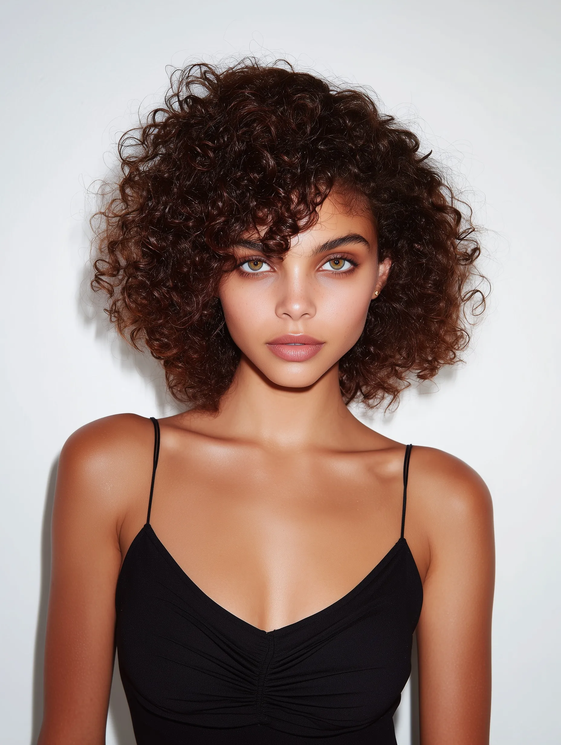 A 24-year-old female model with voluminous chestnut curly ombre hair posing against a clean white studio background.