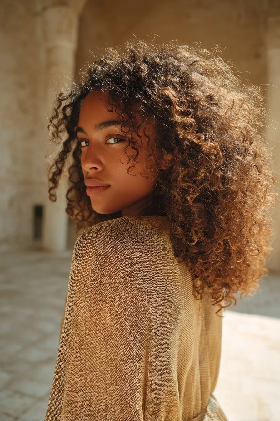 Back view of woman with curly ombre hair wearing a chainmail dress on a sunlit Mediterranean terrace.