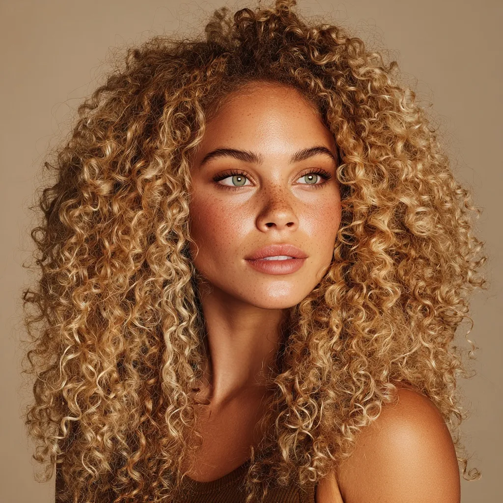 A beautiful woman with long honey-blonde afro curly hair, sun-kissed skin, and striking green eyes.