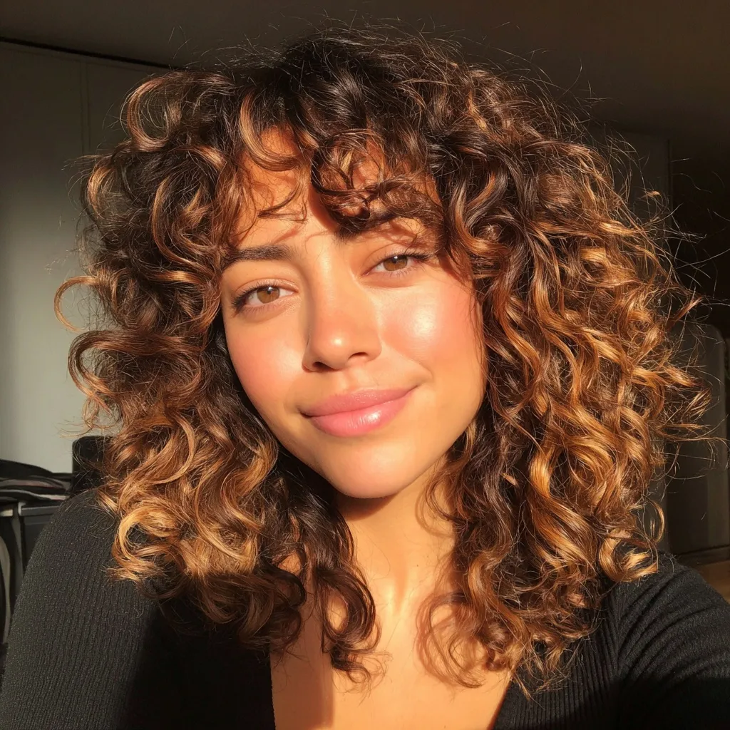 Realistic curly ombre hair with golden brown highlights and face-framing layers on a woman with olive skin.