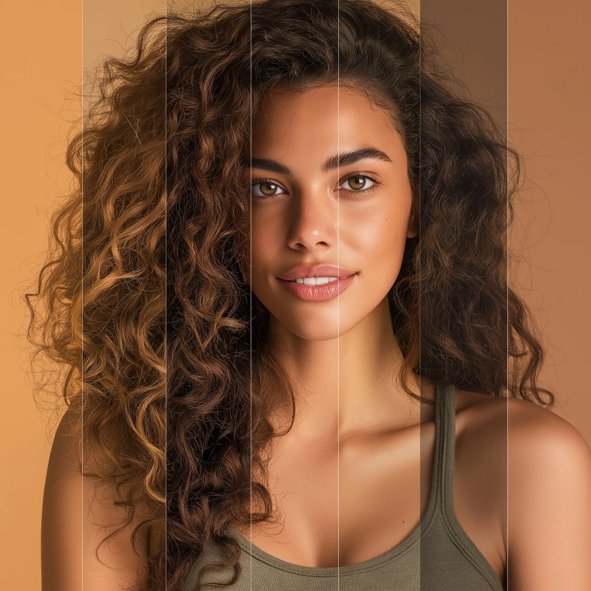 Five-step tan progression infographic showing a young woman transitioning from pale to radiant skin on a tan background.