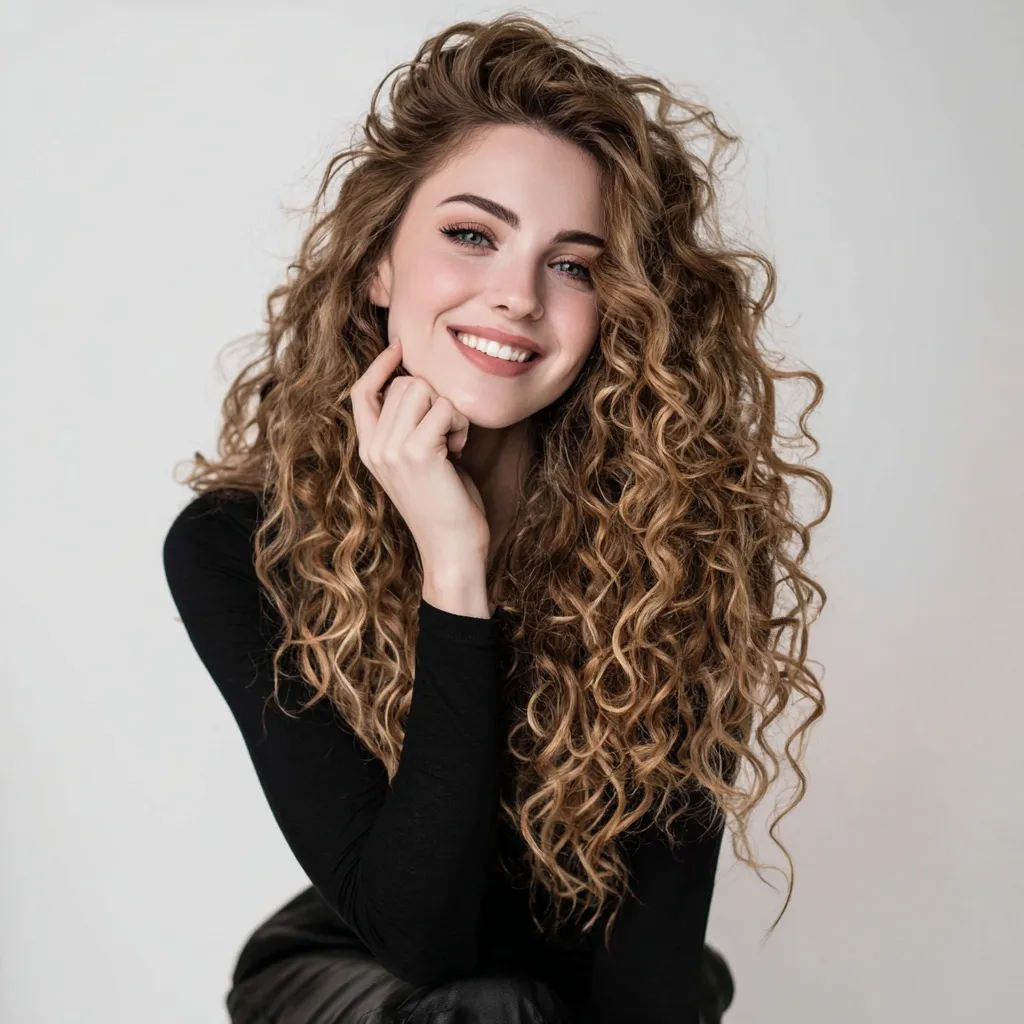 A young Italian woman with voluminous curly ombre hair smiling, wearing an elegant black outfit on white background.