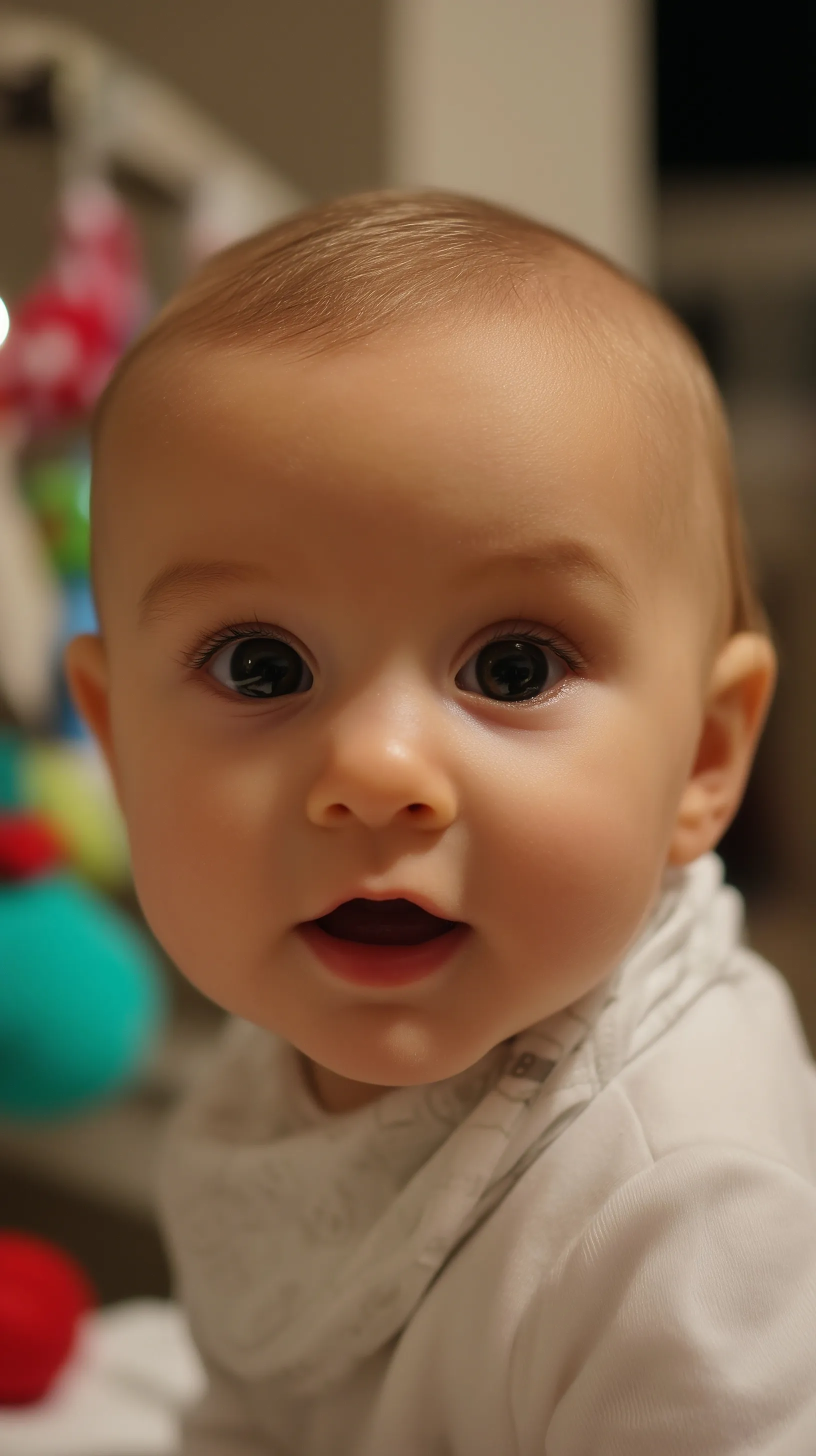 A cute AI-generated baby looking directly into the camera and smiling as if talking.