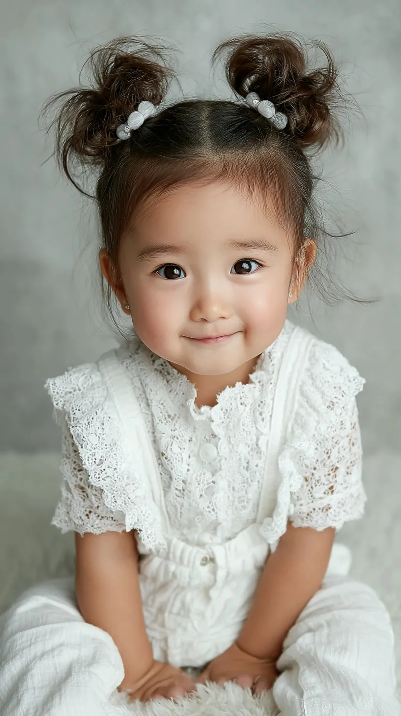 A cute one-year-old Chinese baby girl in a white summer jumpsuit smiling, high-definition artistic portrait.
