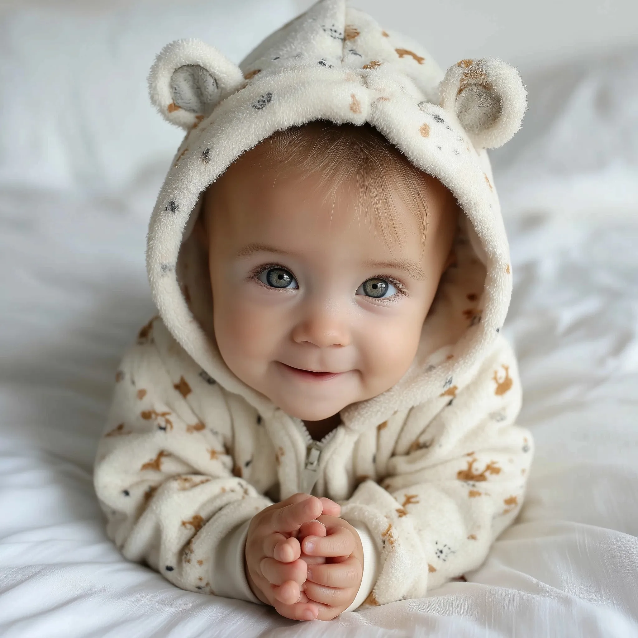A cute French baby in a cream animal-print hoodie lying on a soft bed, captured in a realistic, high-res iPhone photo.