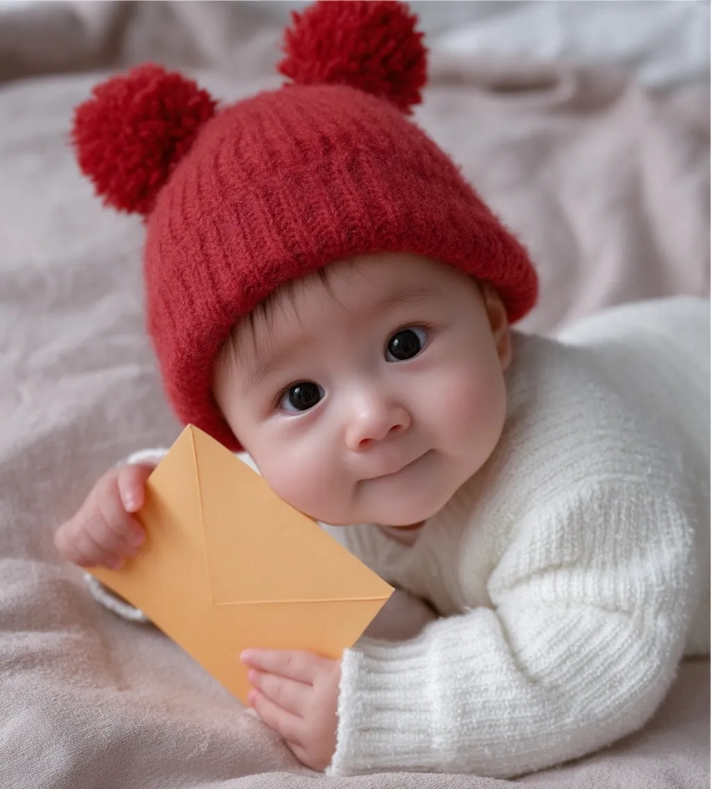 Cute baby in a red pom-pom hat and white sweater holding an orange envelope, lying on a solid background.