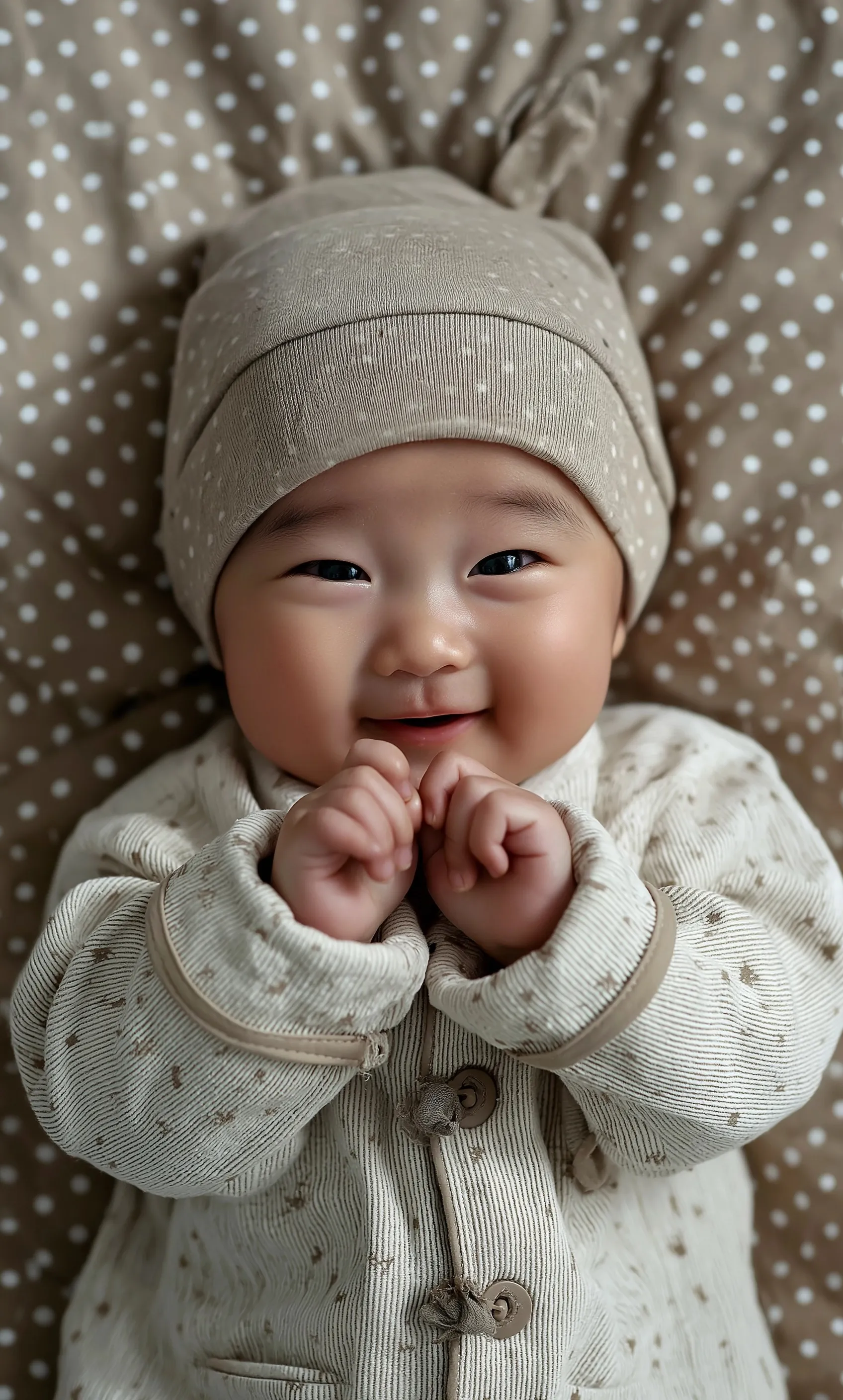 A cute Chinese baby in a white outfit and hat lying on a beige polka dot bed, looking happy and gesturing.
