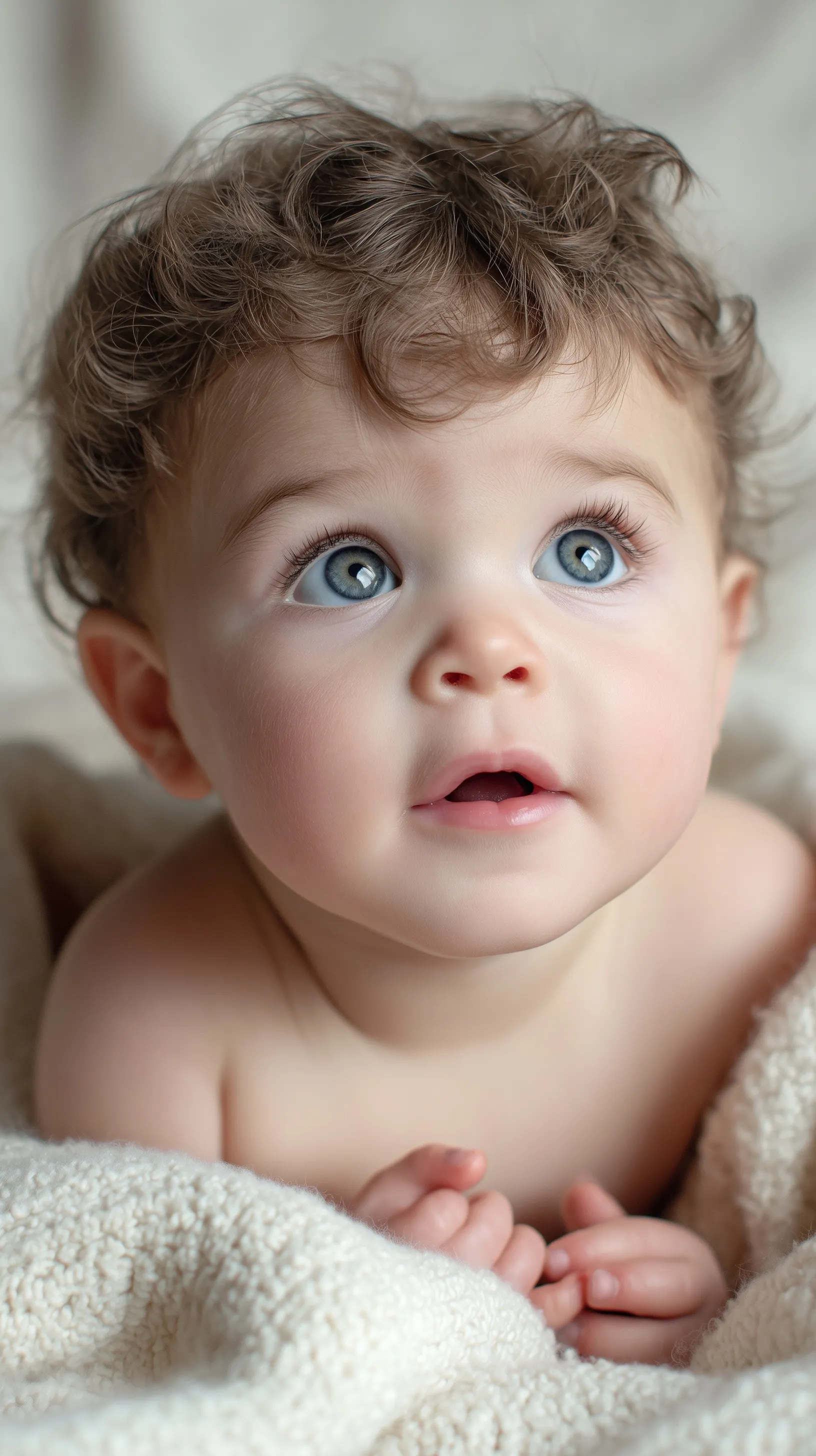 A 5-month-old Caucasian baby with blue eyes and chubby cheeks lying on a soft cream knit blanket in natural light.