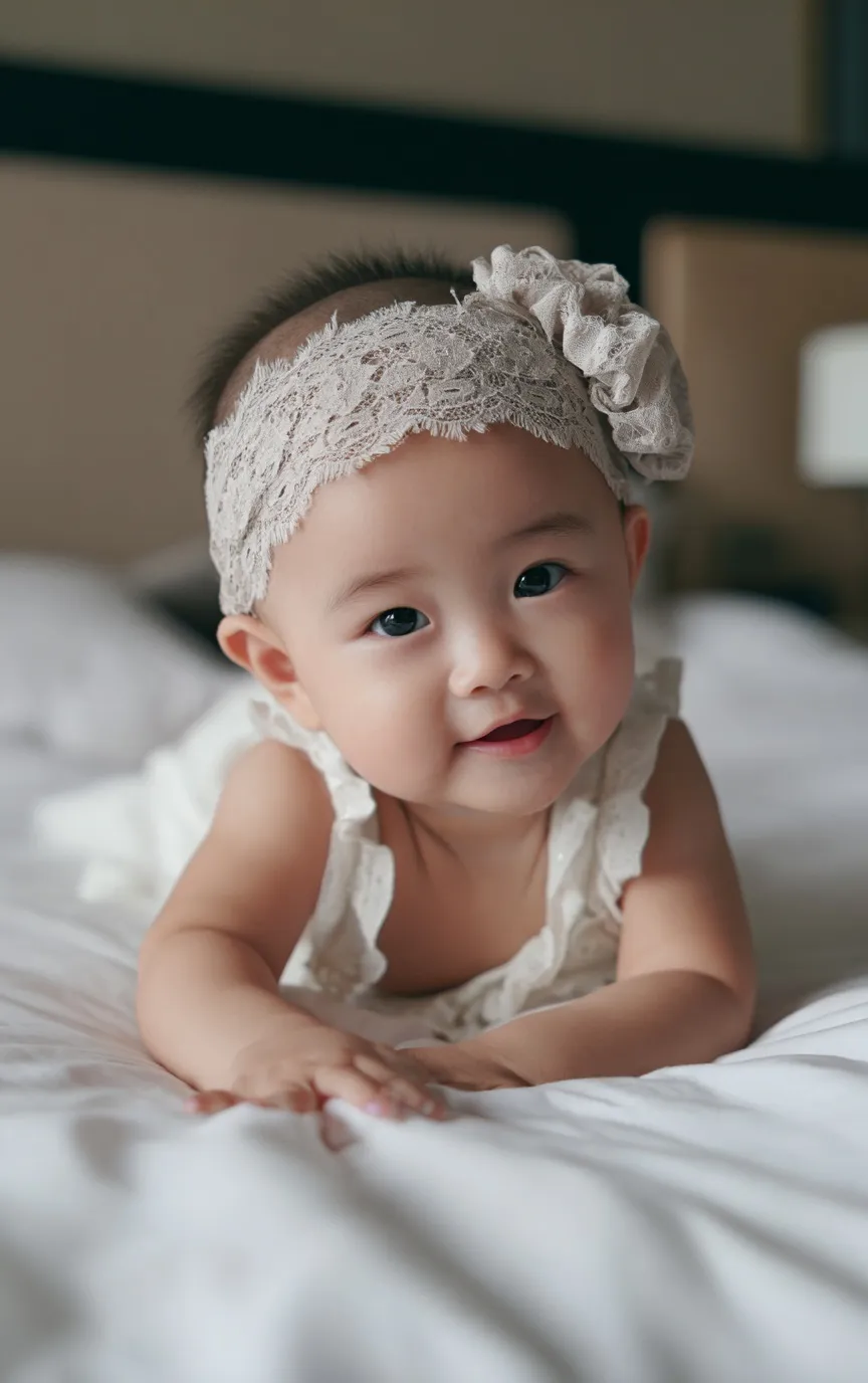 A cute 6-month-old Chinese baby girl wearing a lace headband smiles while crawling on a bed in a bright bedroom.