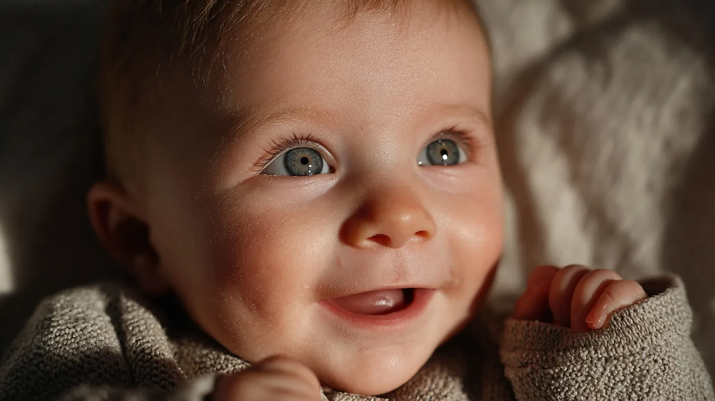 Close up portrait of a cute Caucasian baby with brown eyes smiling in soft, warm sunlight.