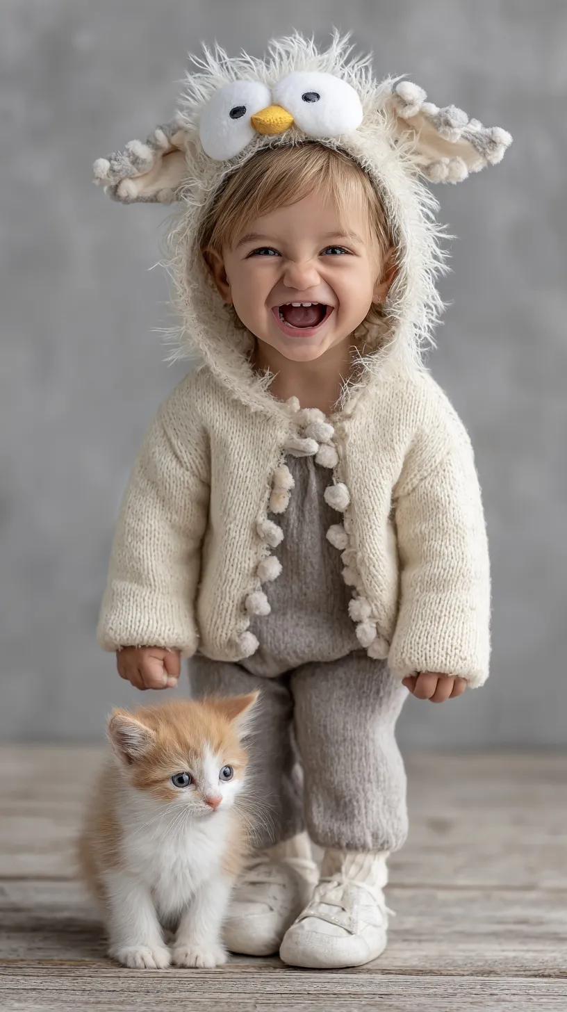 A cute, laughing baby sitting with a fluffy kitten, both wearing adorable yellow chicken costumes.