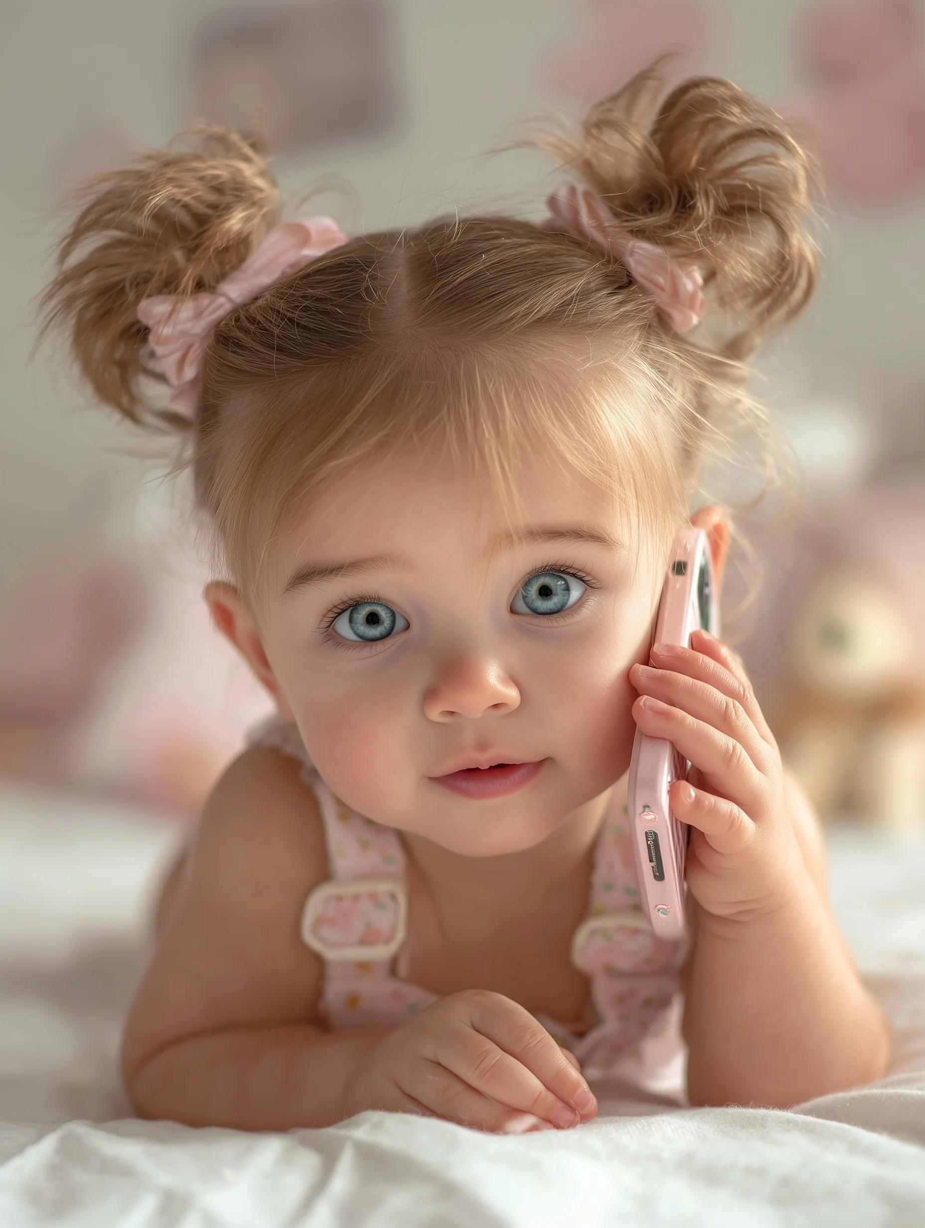 A cute baby girl with blue eyes and pink bows holding a toy smartphone on a white bed, hyperrealistic portrait.
