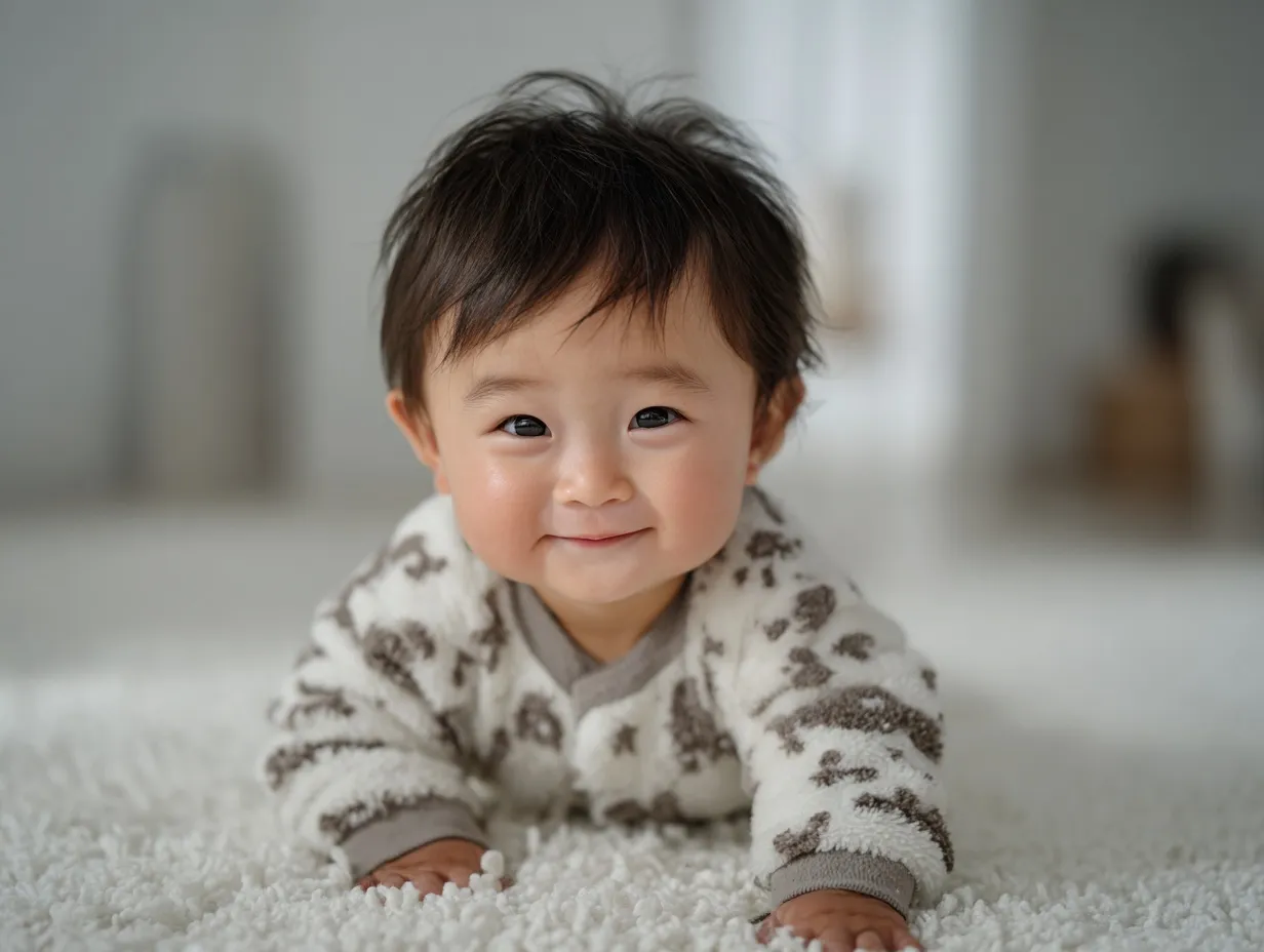 A cute Asian baby in pajamas winking while crawling on a white carpet in a bright, minimalist living room.