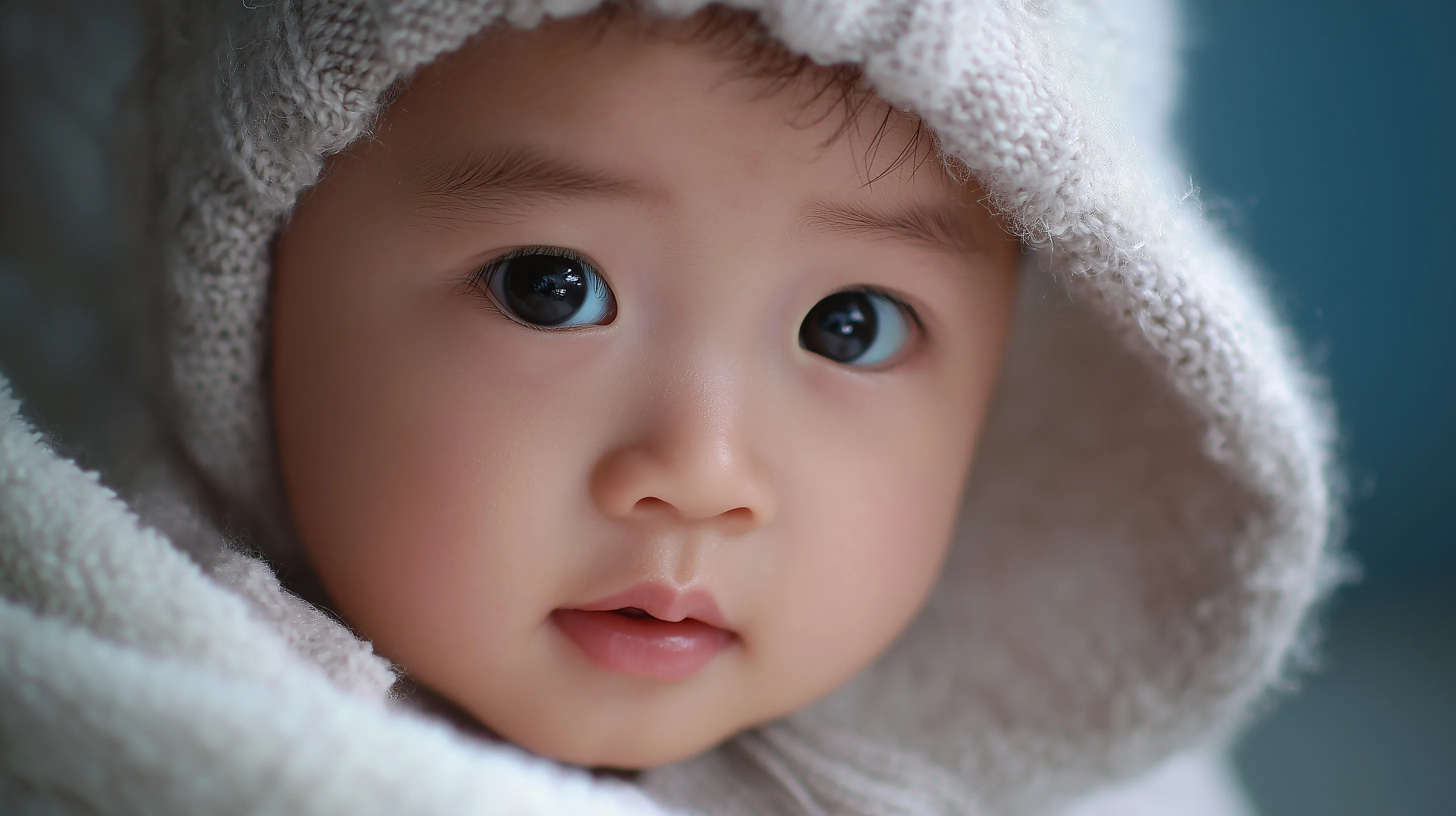 A close-up portrait of a cute Korean baby with expressive features, generated by AI in high resolution.