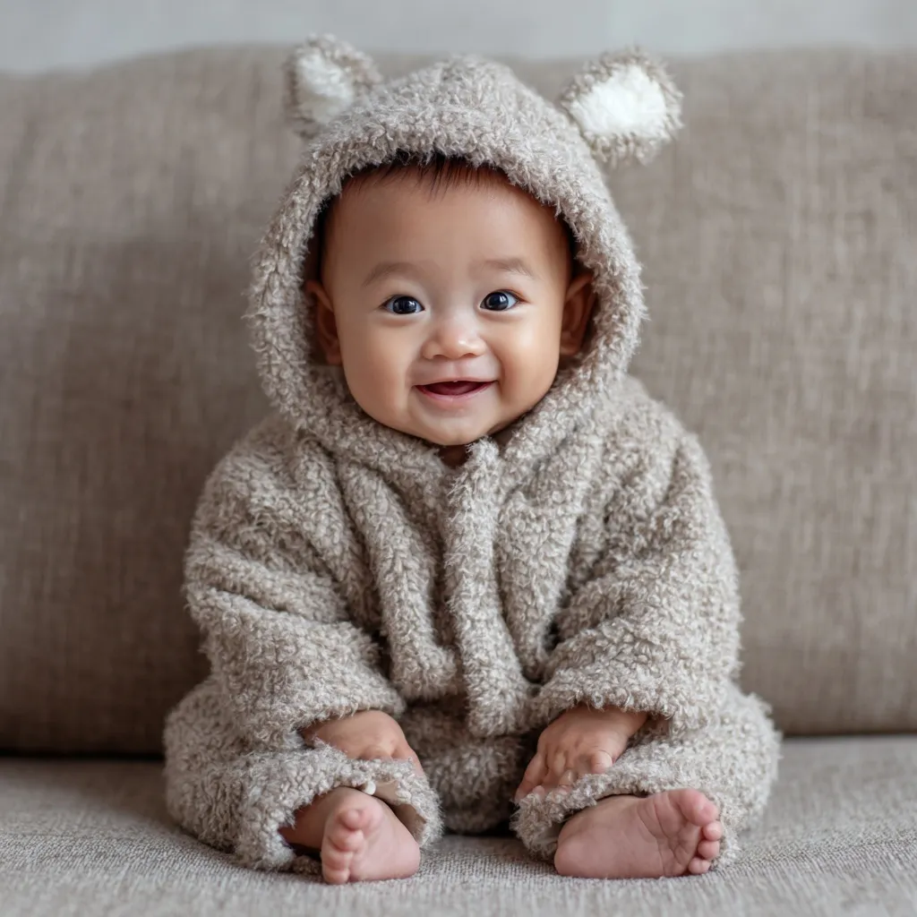 A cute 6-month-old Chinese baby boy with a big smile sitting on a sofa in a cozy baby room.